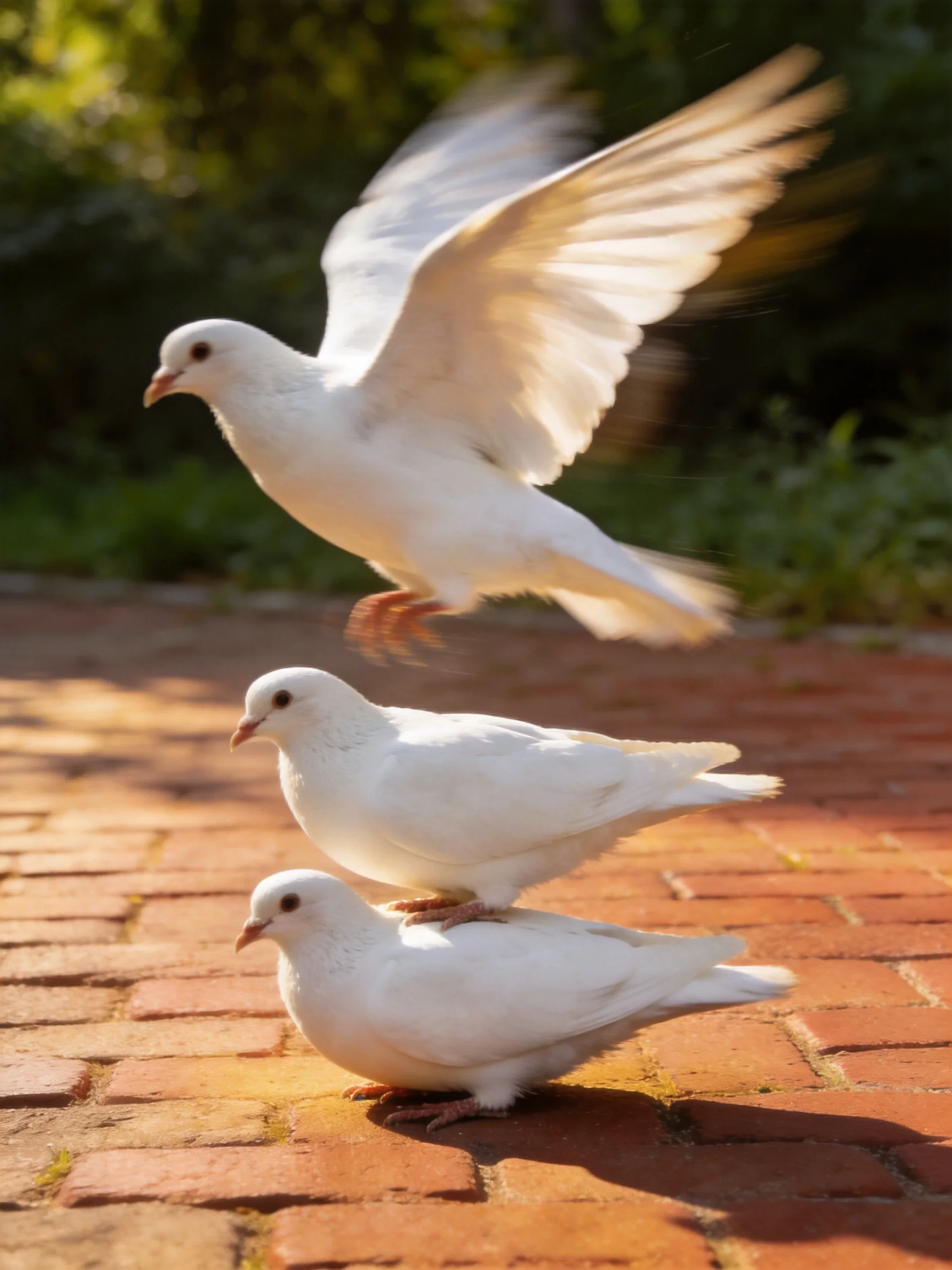 Three white pigeons on a brick path, one in flight