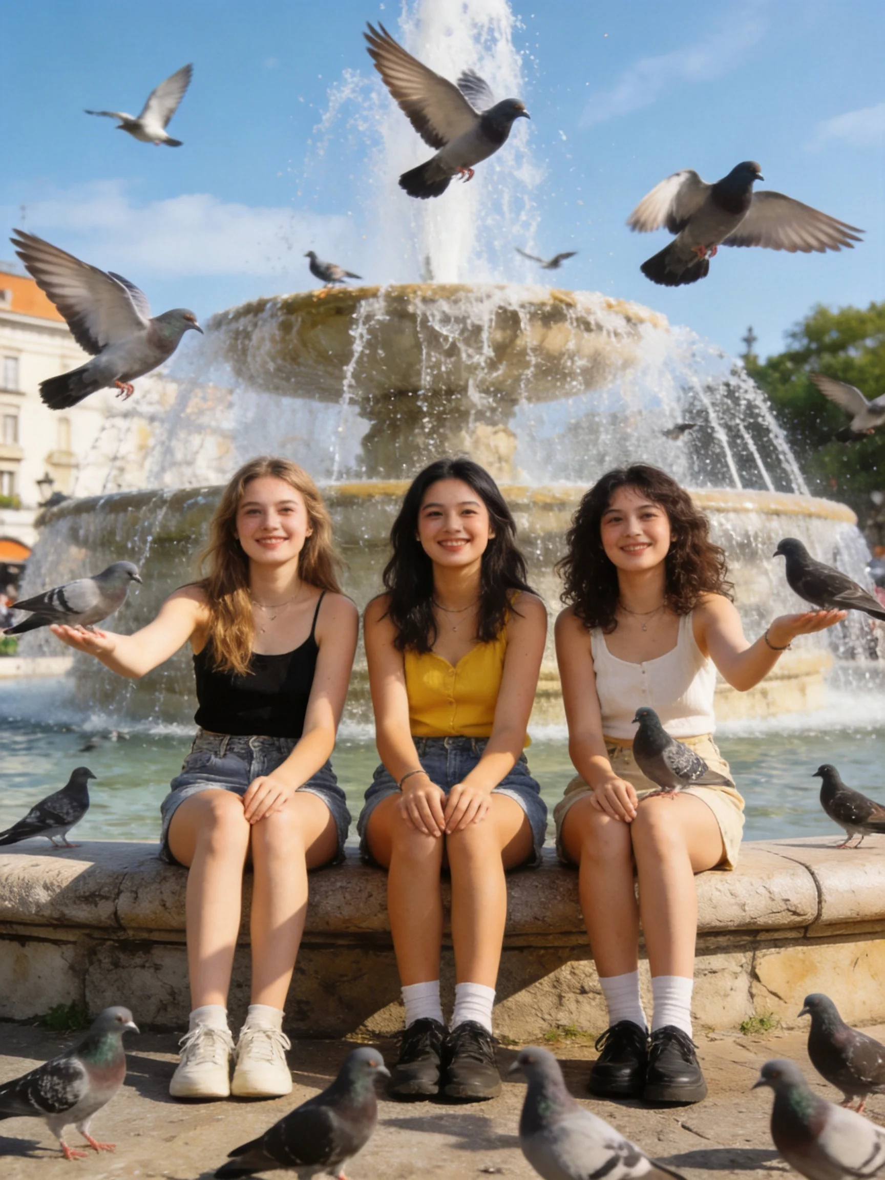 Three young women sit by a multi - tiered fountain surrounded by pigeons