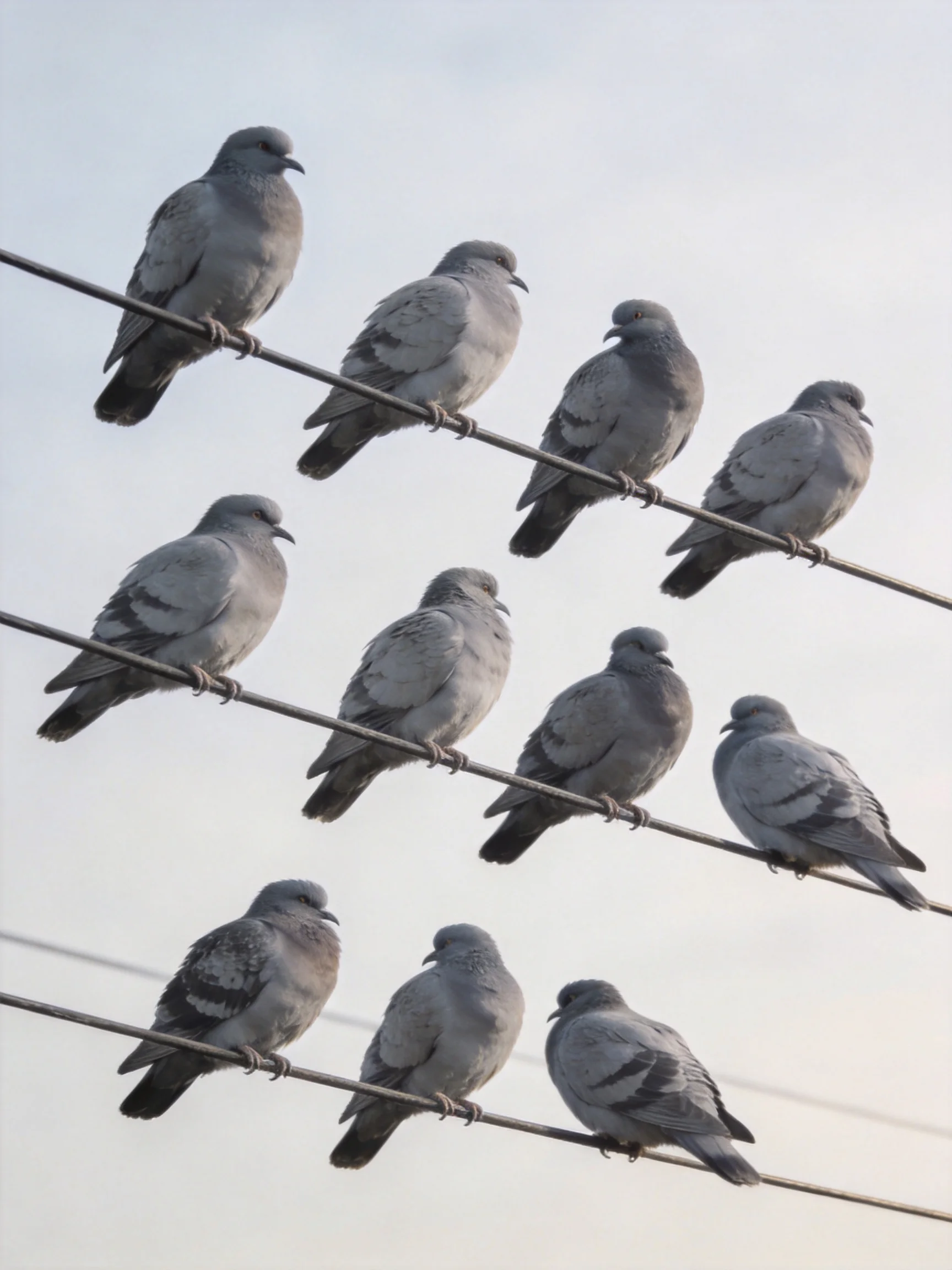 Twelve Gray Pigeons Perched on Three Rows of Horizontal Wires