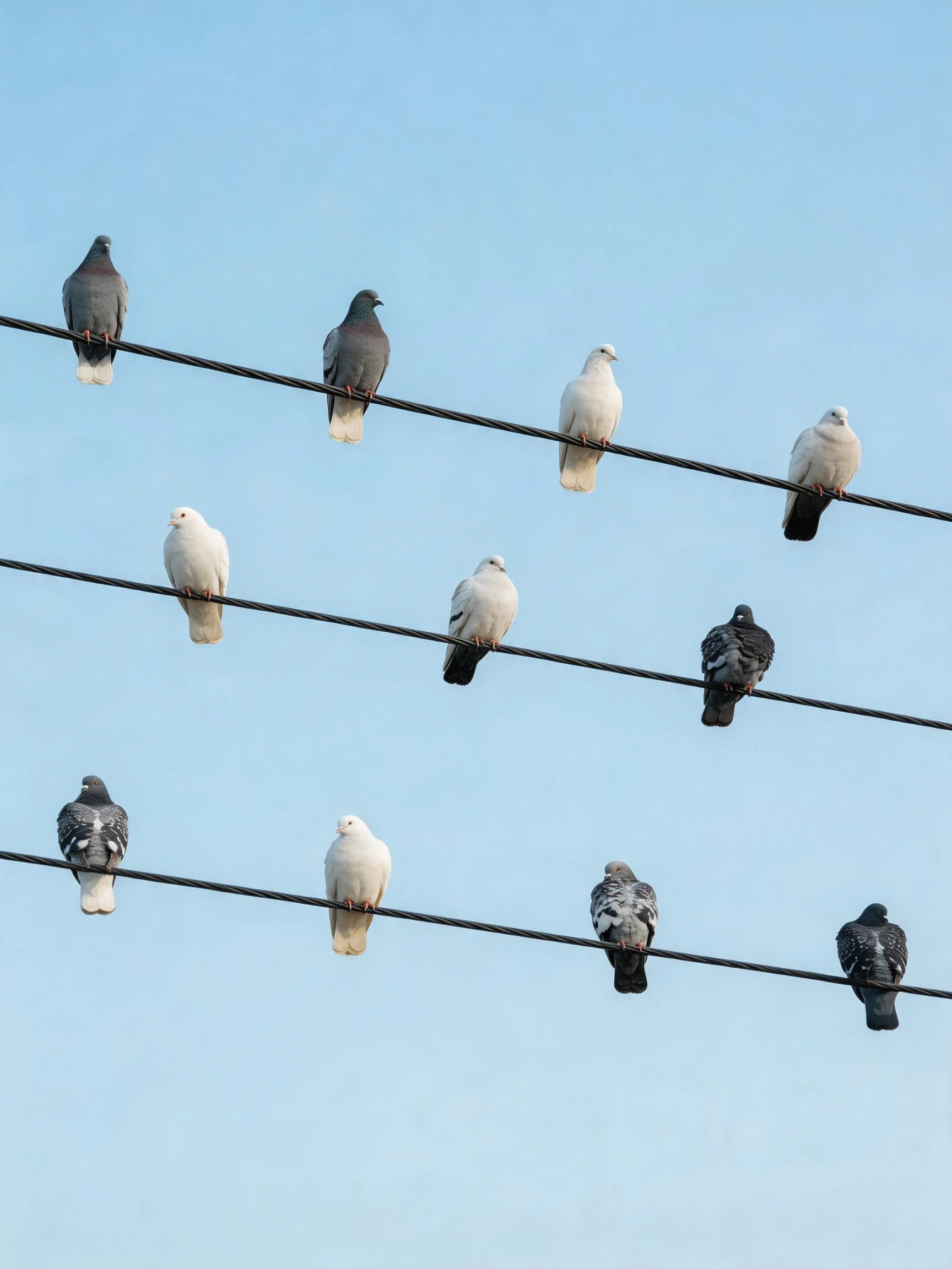 Twelve pigeons in assorted colors sit on three wires under a clear sky