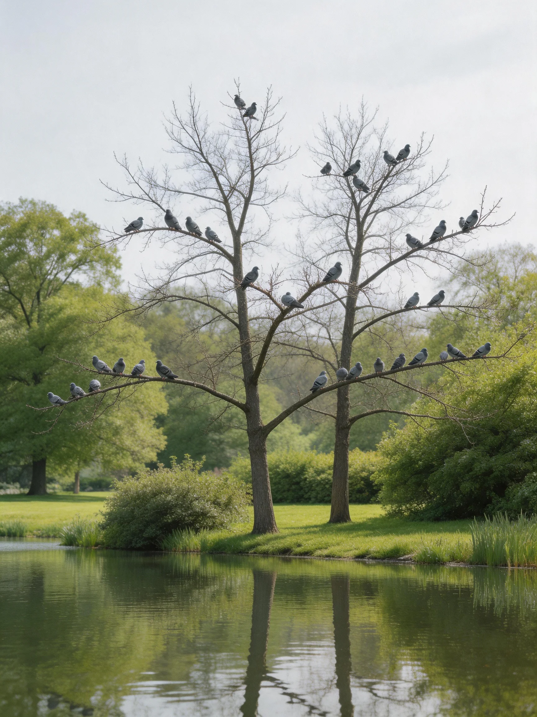 Twenty-five pigeons rest on two leafless trees near calm water