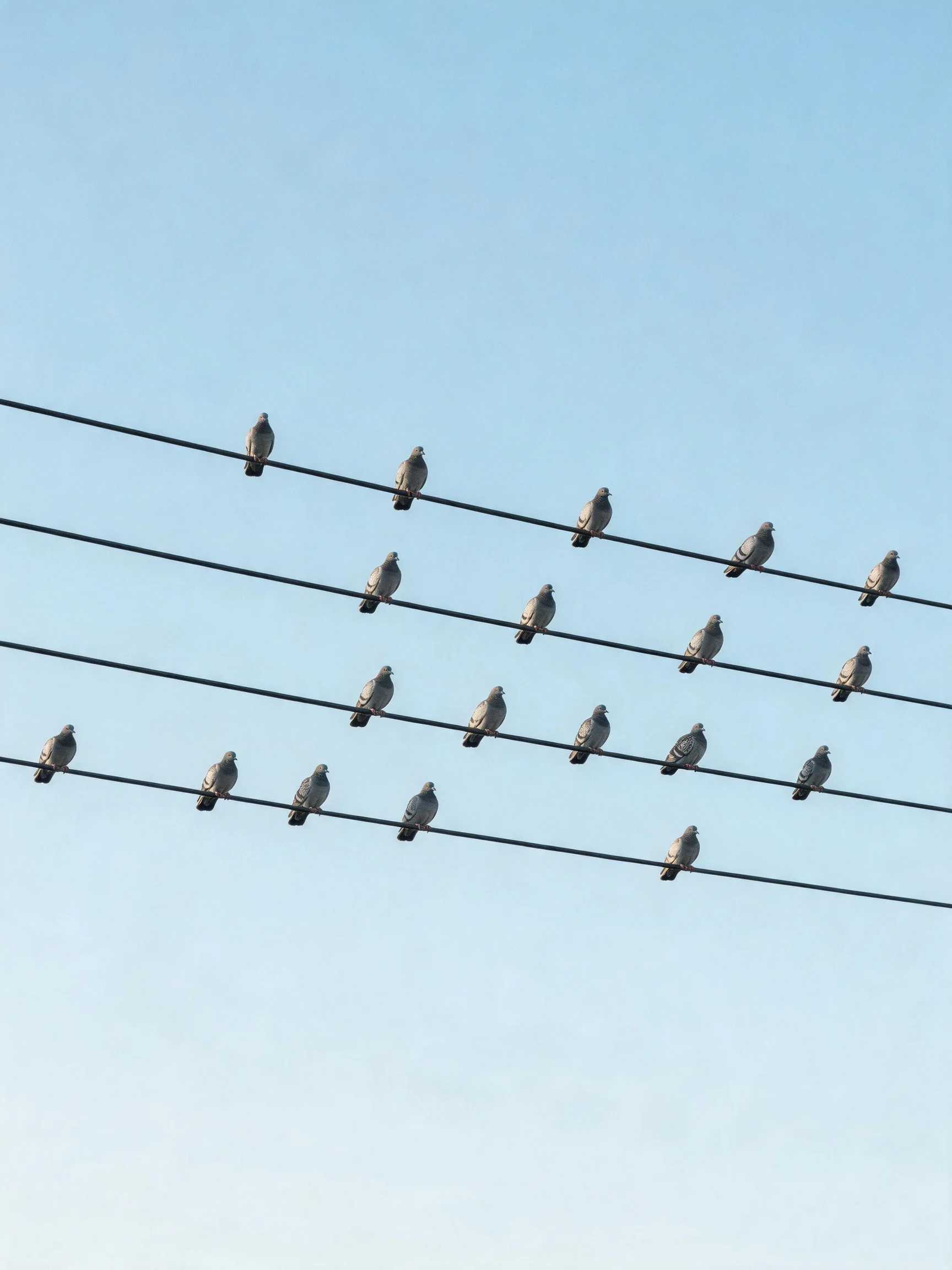 Twenty-four pigeons perch on four parallel black wires under clear blue sky
