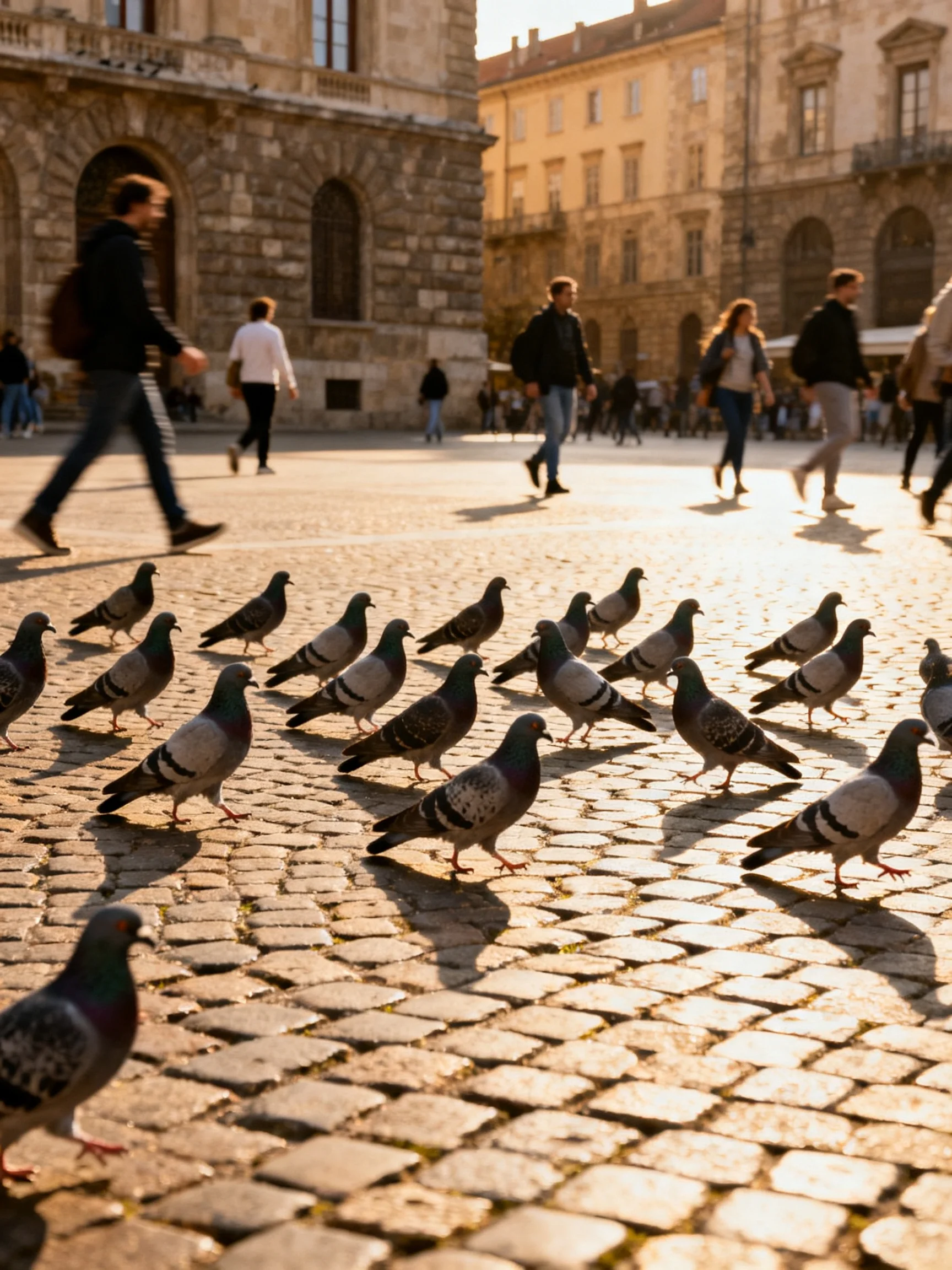 Twenty pigeons roam a sun-drenched cobblestone plaza with pedestrians