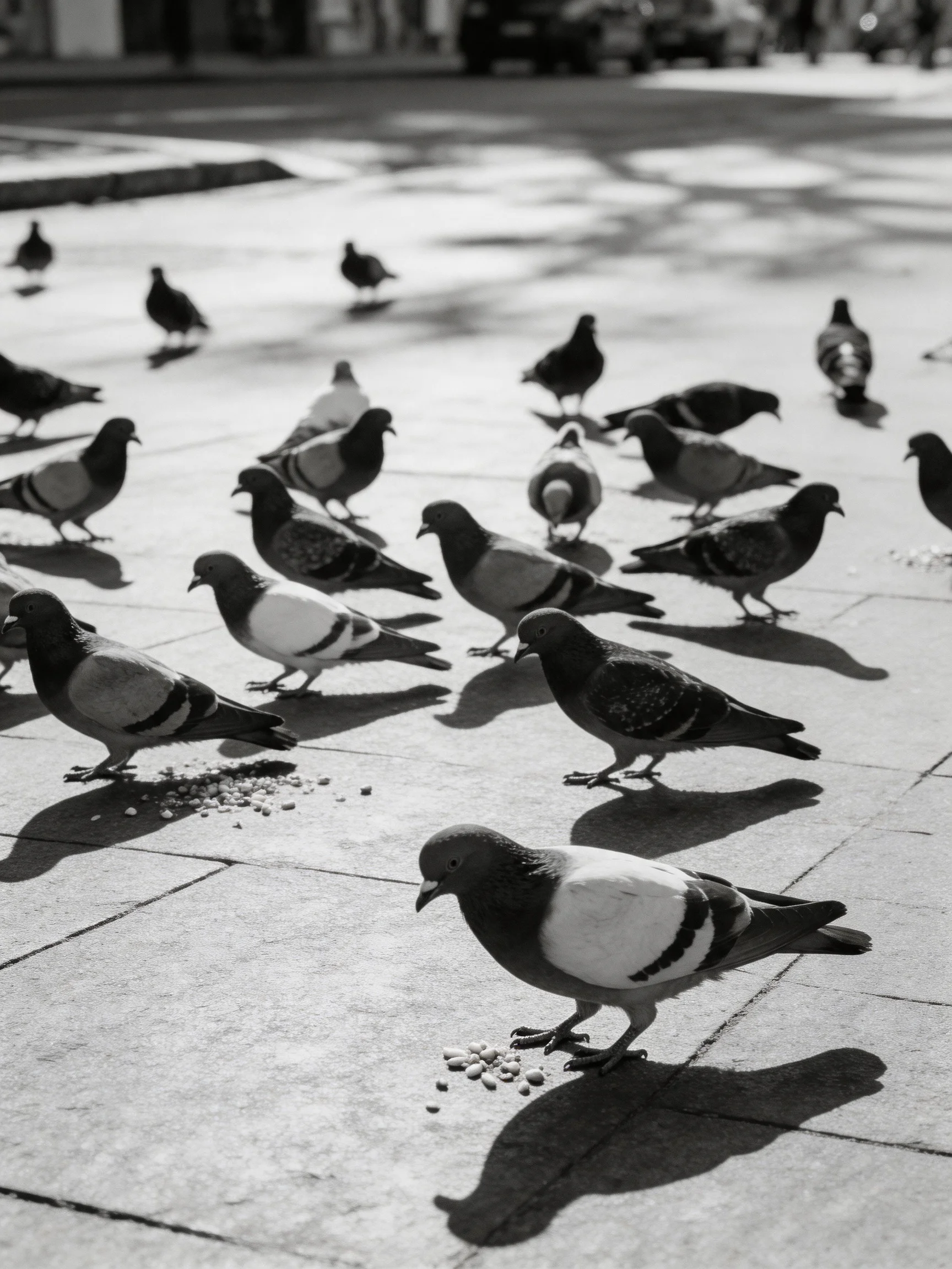 Twenty-plus pigeons gather on a sunlit city sidewalk in black and white
