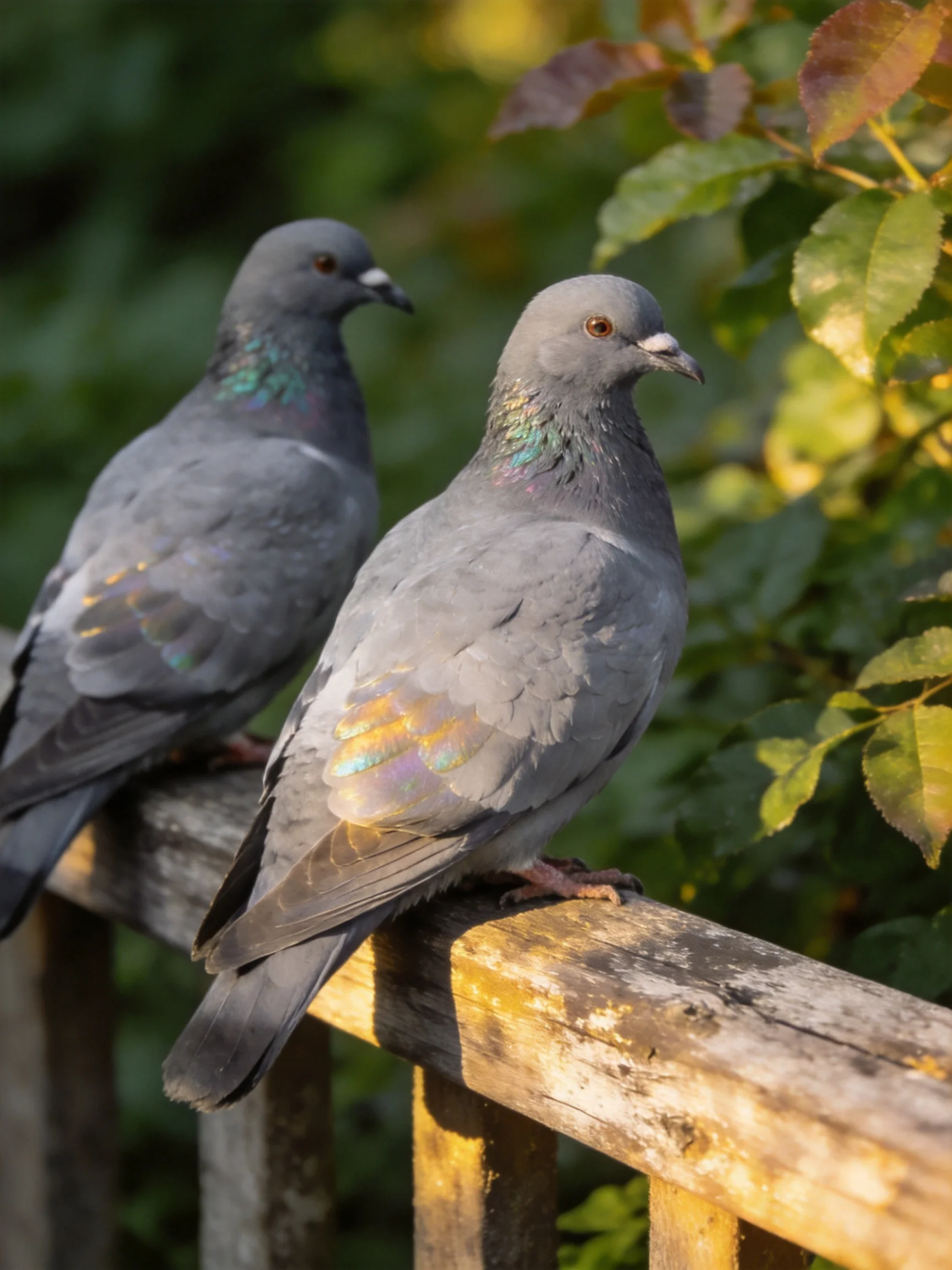 Two Gray Pigeons Perched on an Old Wooden Fence Near Green Foliage