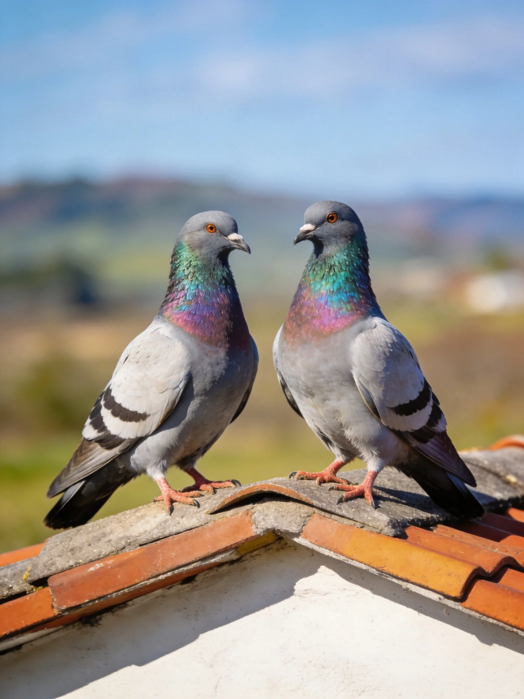 Two Gray Pigeons with Iridescent Necks Perched on a Terracotta Roof