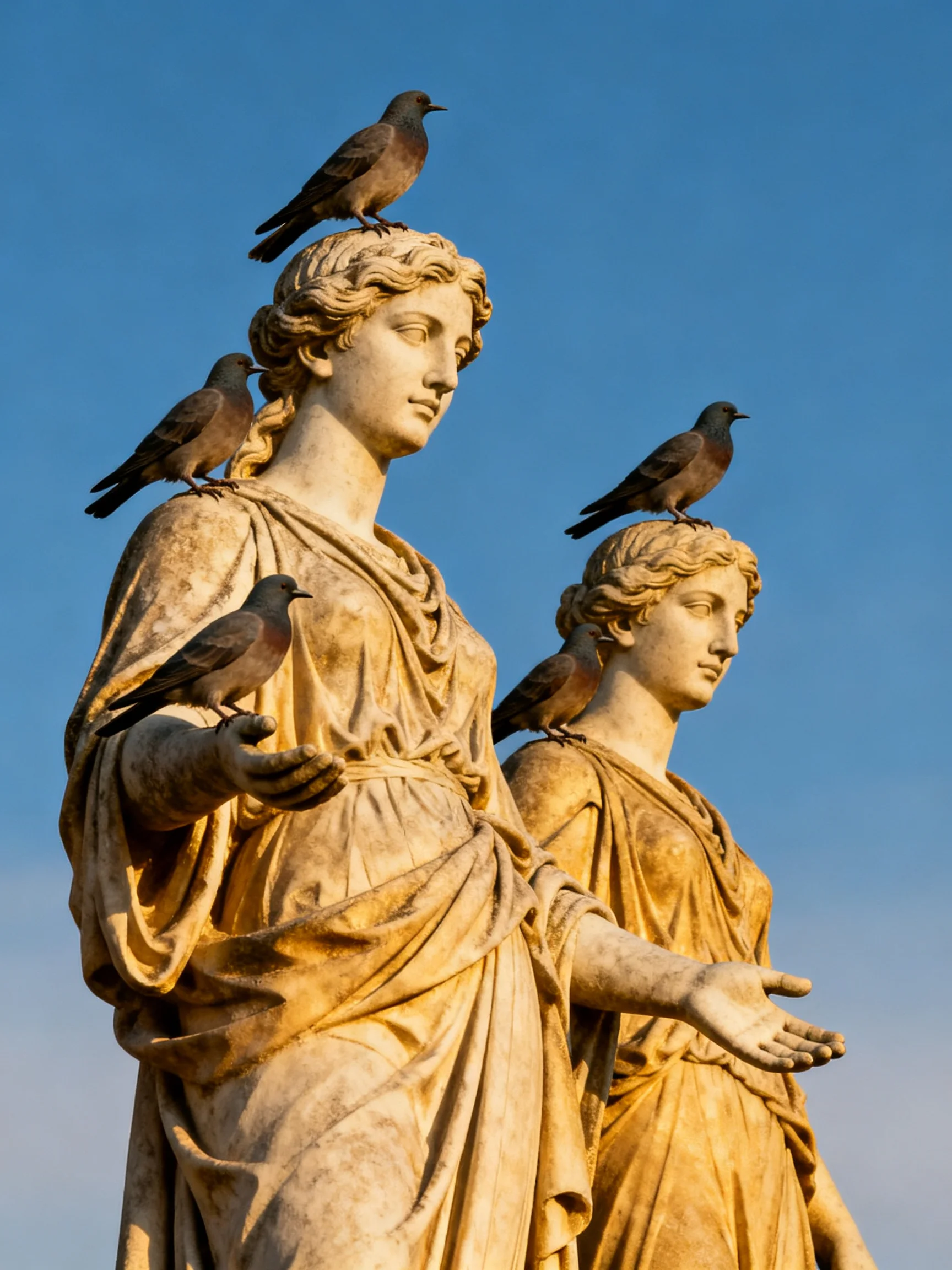 Two aged stone statues adorned with five pigeons perched against a clear blue sky