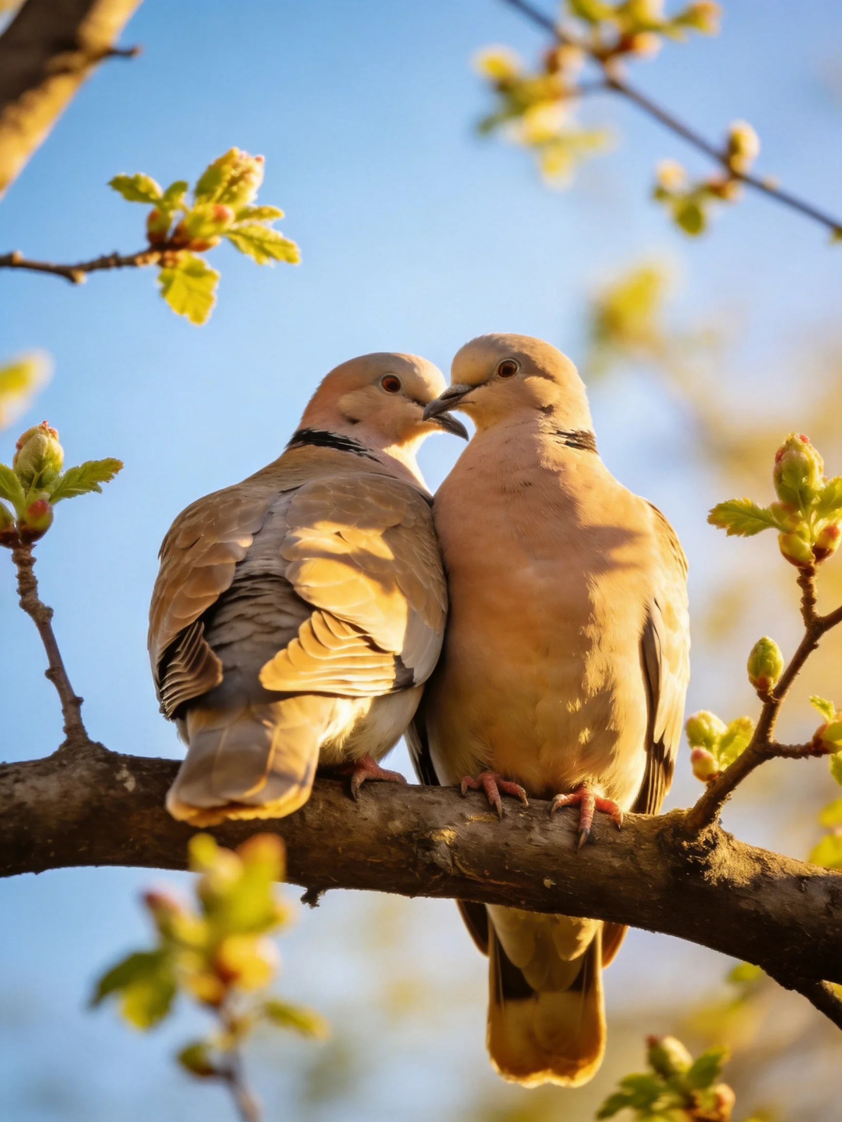 Two beige doves nuzzle on a tree branch with budding green foliage