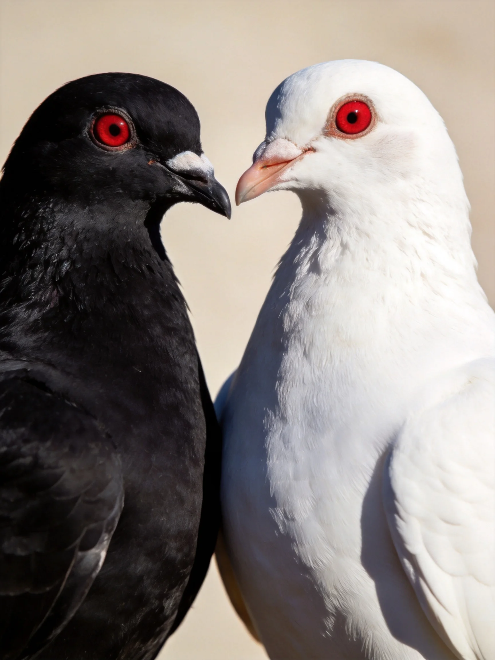 Two black and white pigeons with red eyes positioned closely
