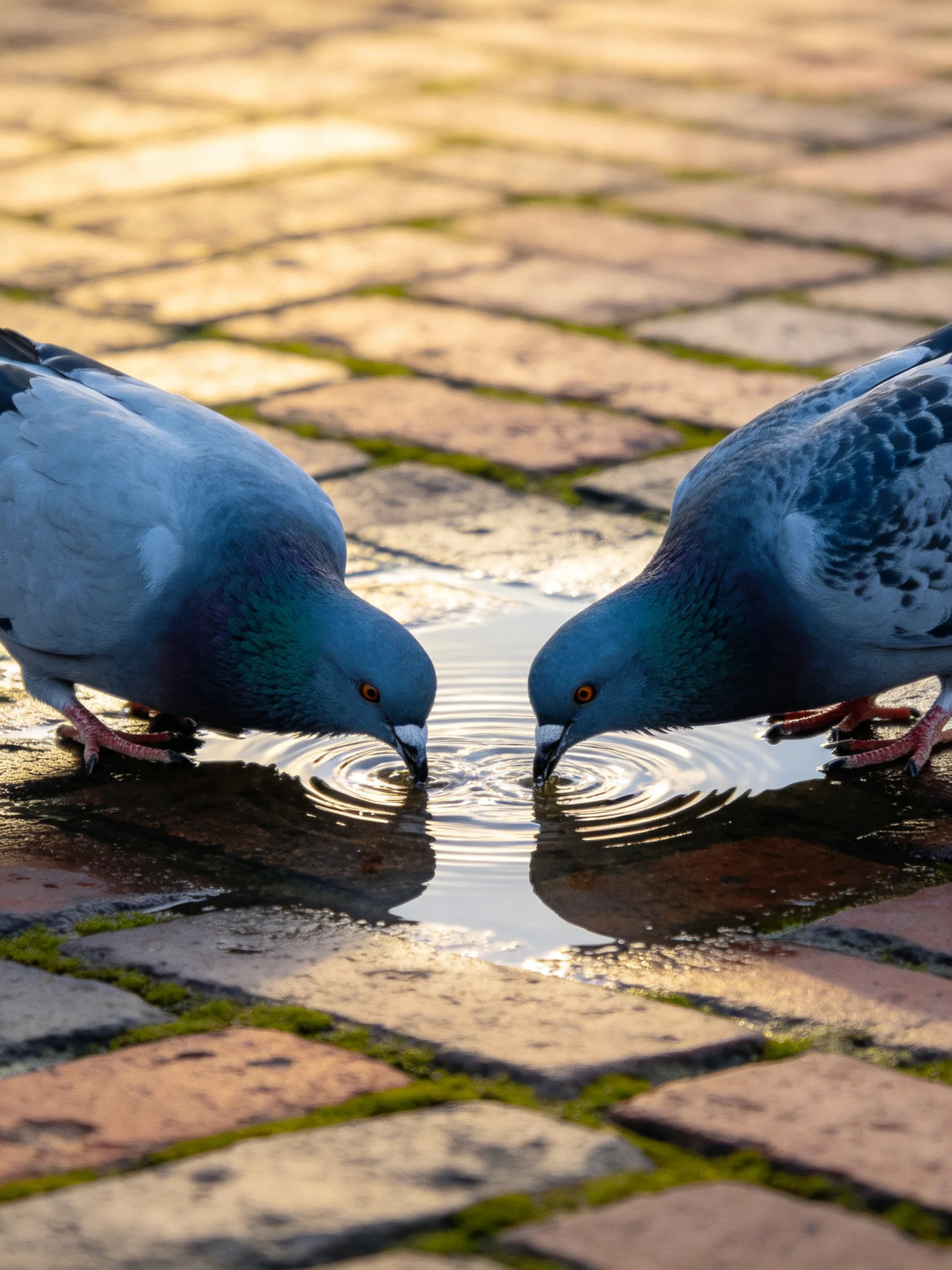 Two blue-gray pigeons drink from a puddle on a mossy brick pavement