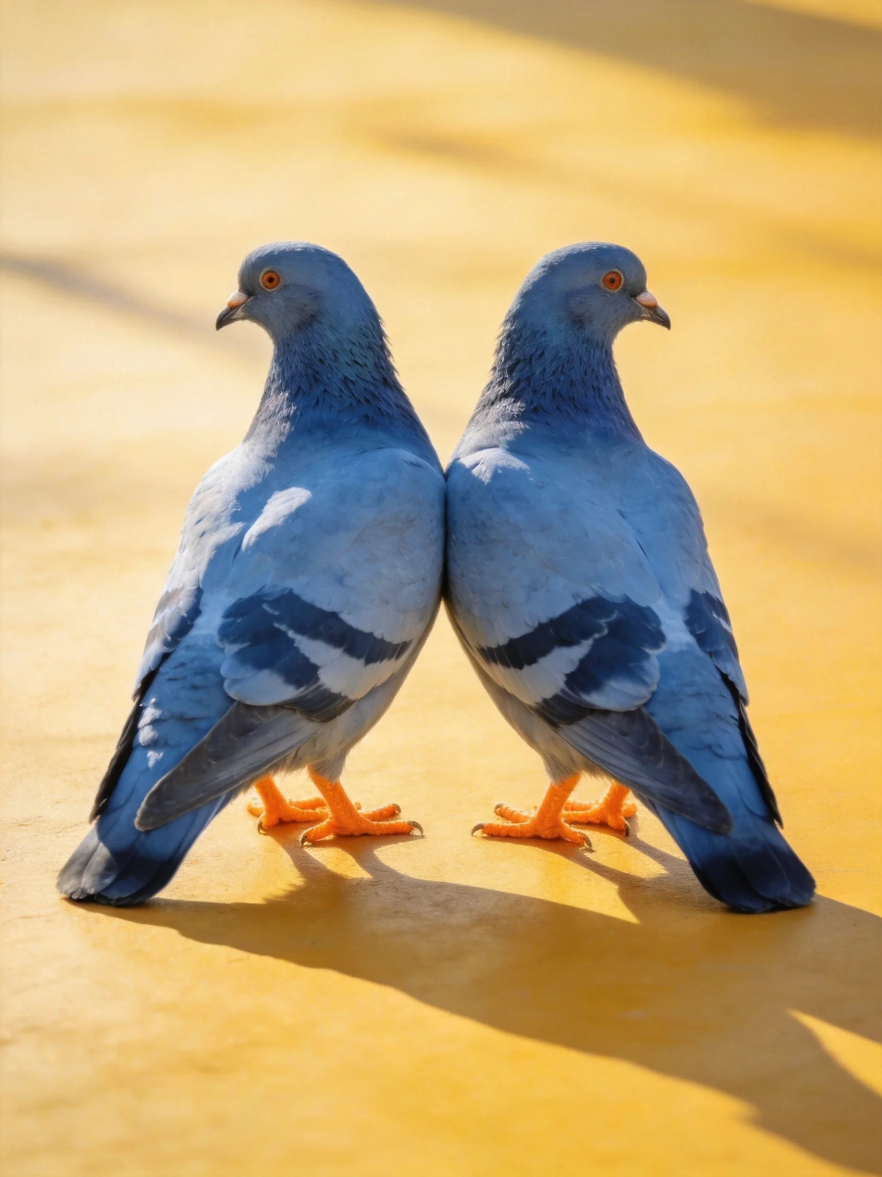 Two blue-gray pigeons stand back-to-back on a golden surface