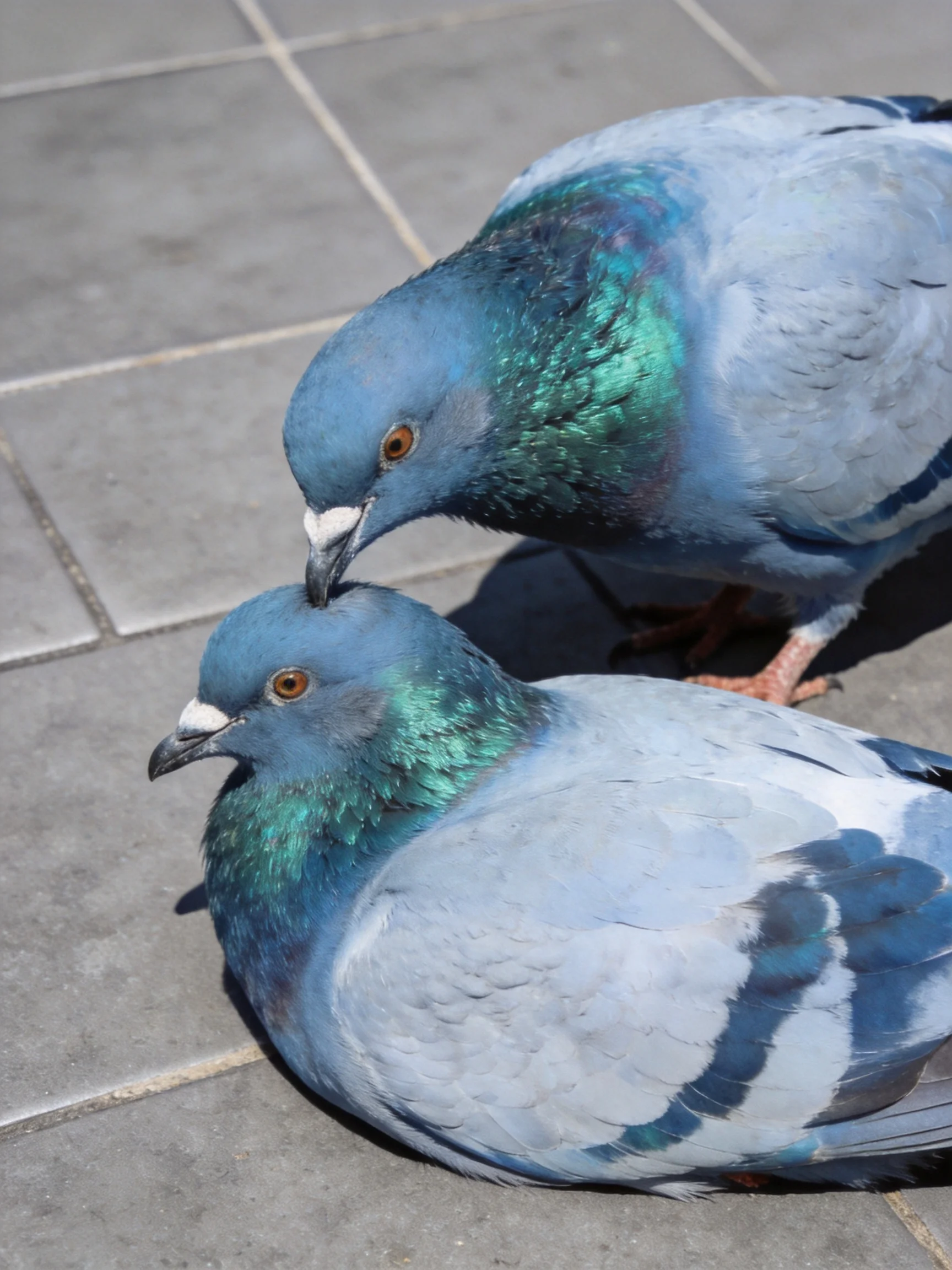 Two blue-green pigeons nuzzling on a tiled pavement