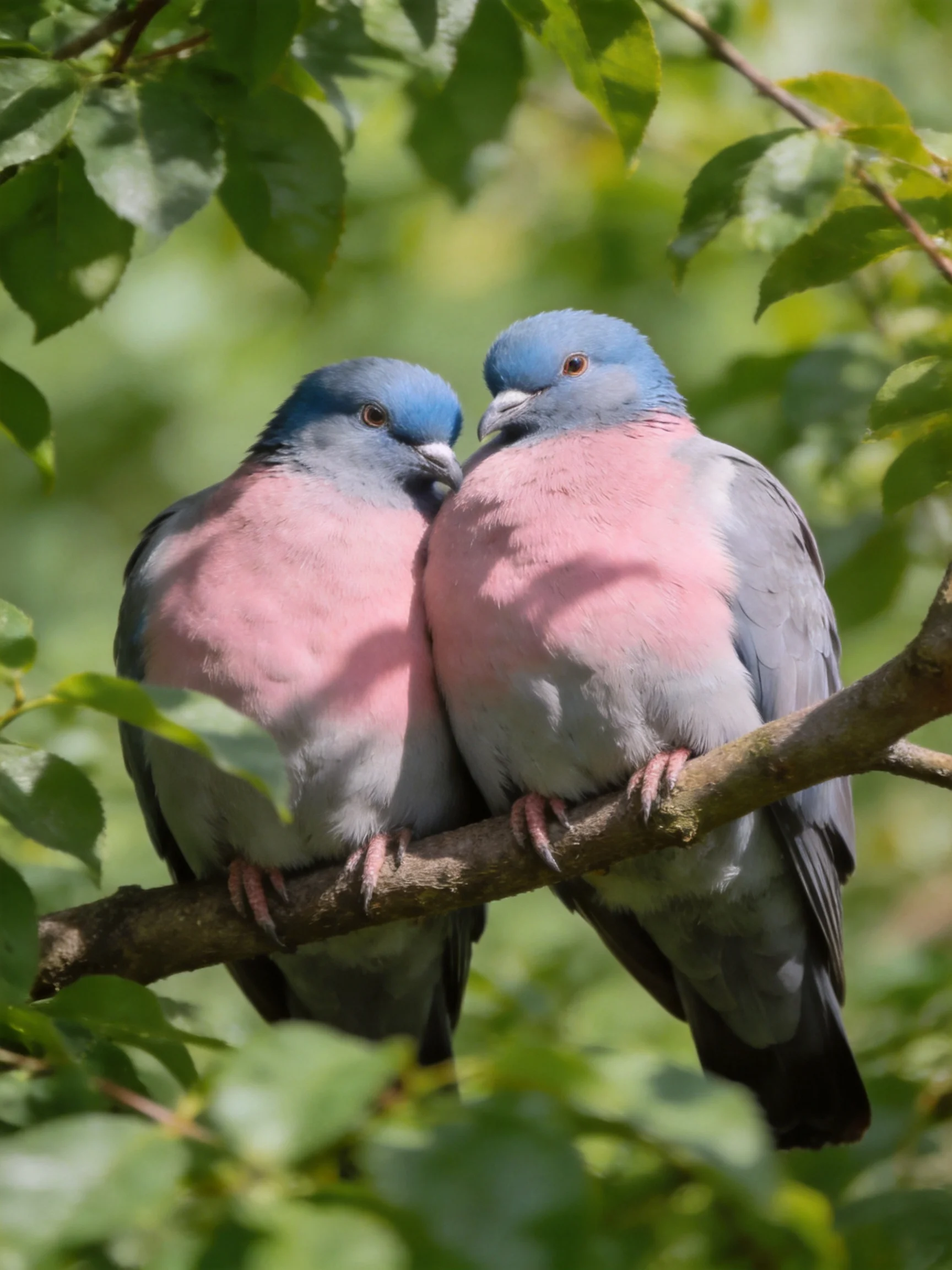 Two blue-headed pink-breasted pigeons perched on a tree branch