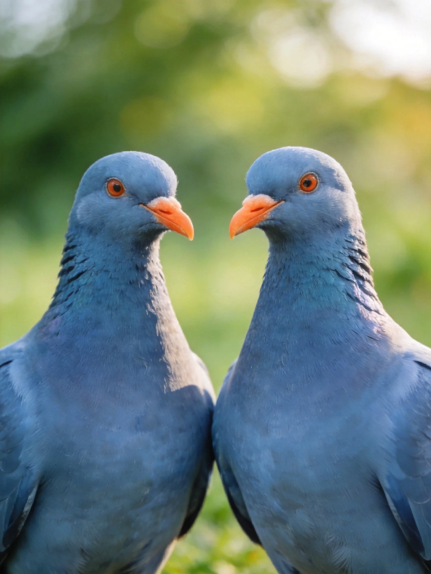 Two blue pigeons face each other in an outdoor setting.