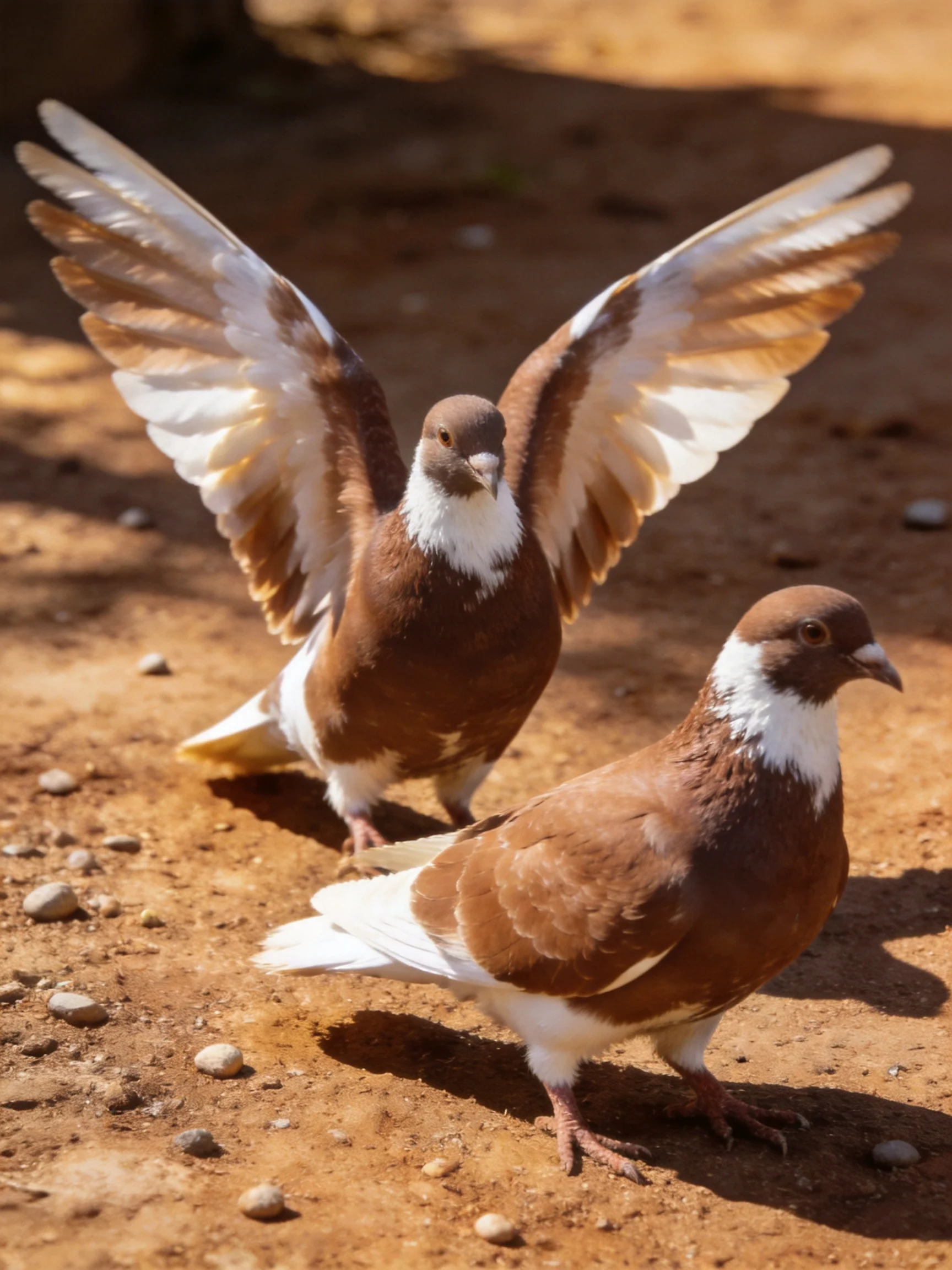 Two brown-and-white pigeons stand on a dusty surface, one spreading its wings.
