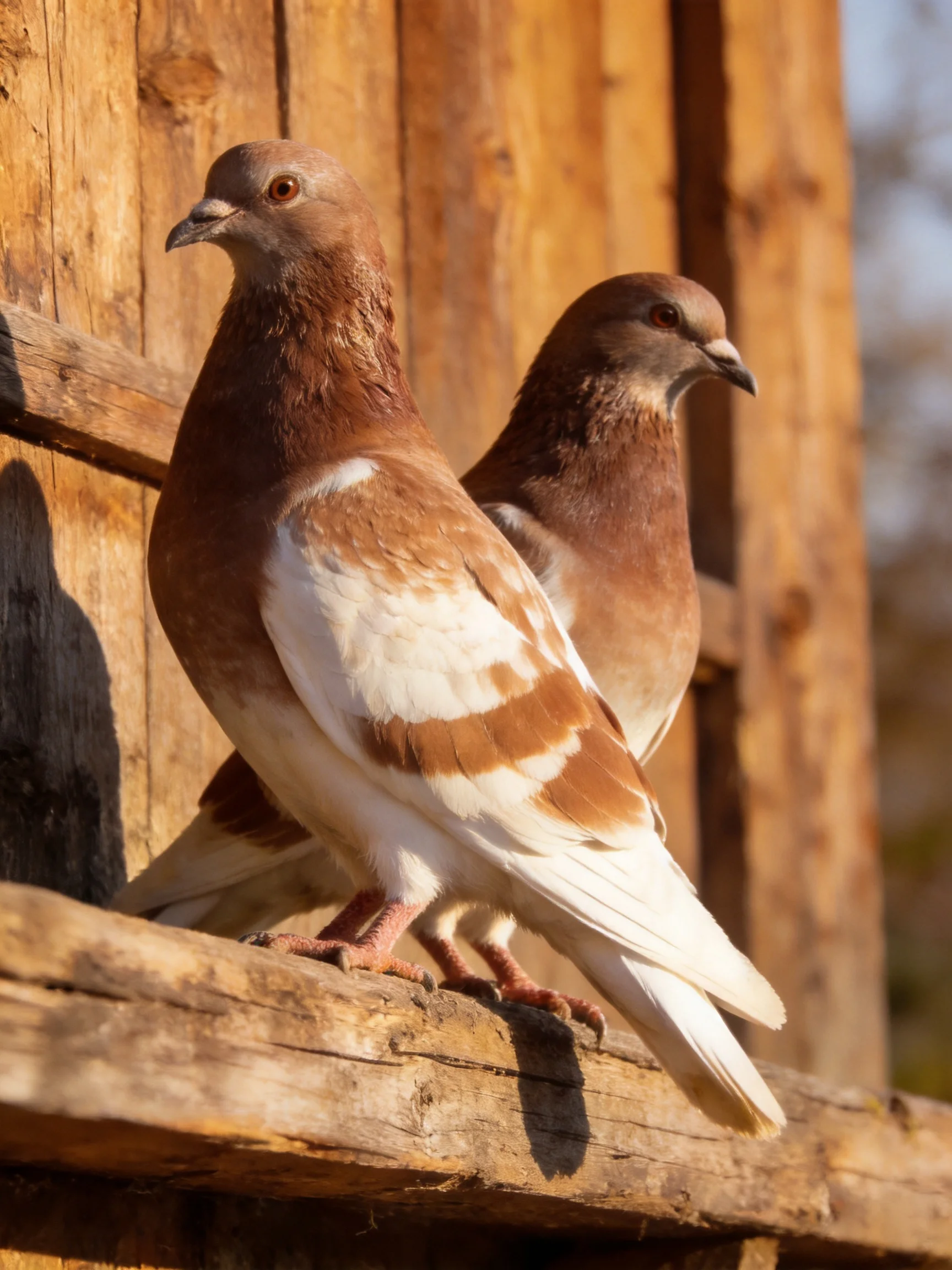 Two brown-and-white pigeons rest on a weathered wooden ledge.