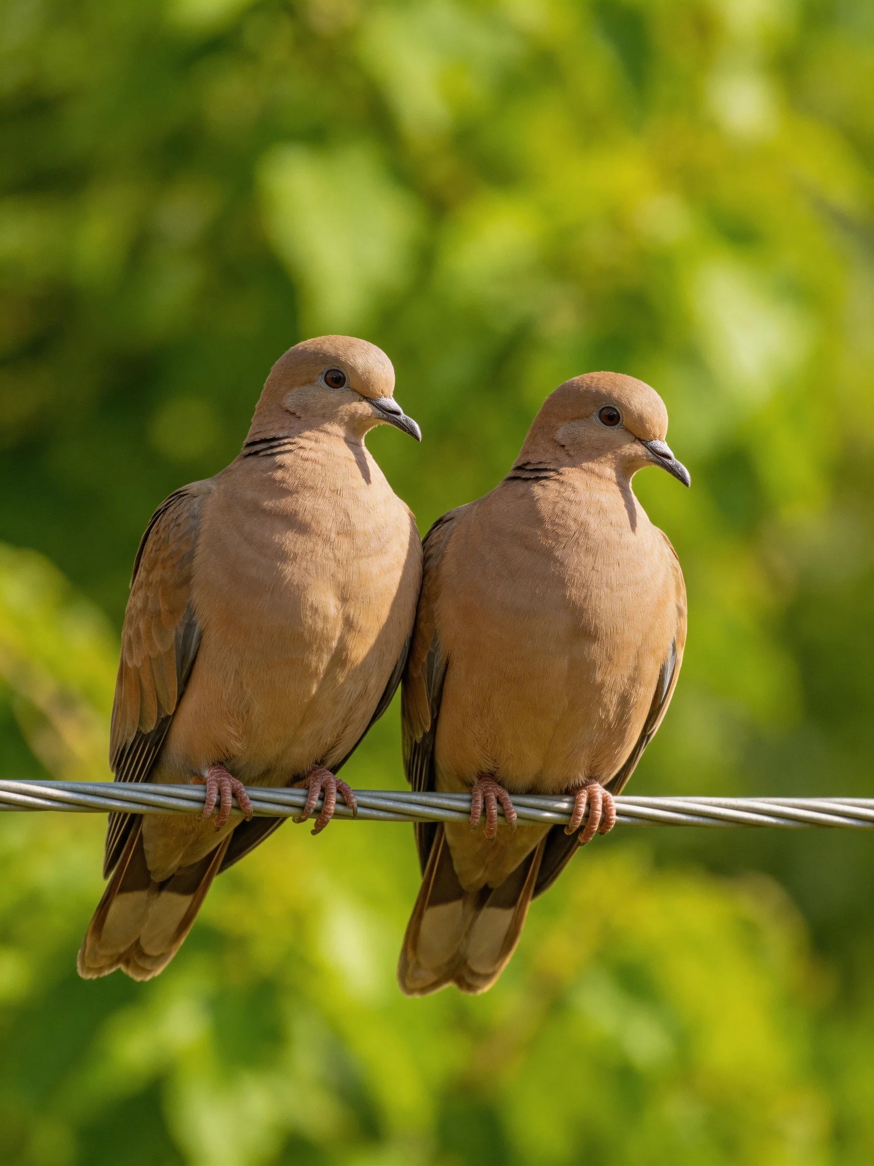 Two brown doves perch closely on a metal wire against lush green foliage