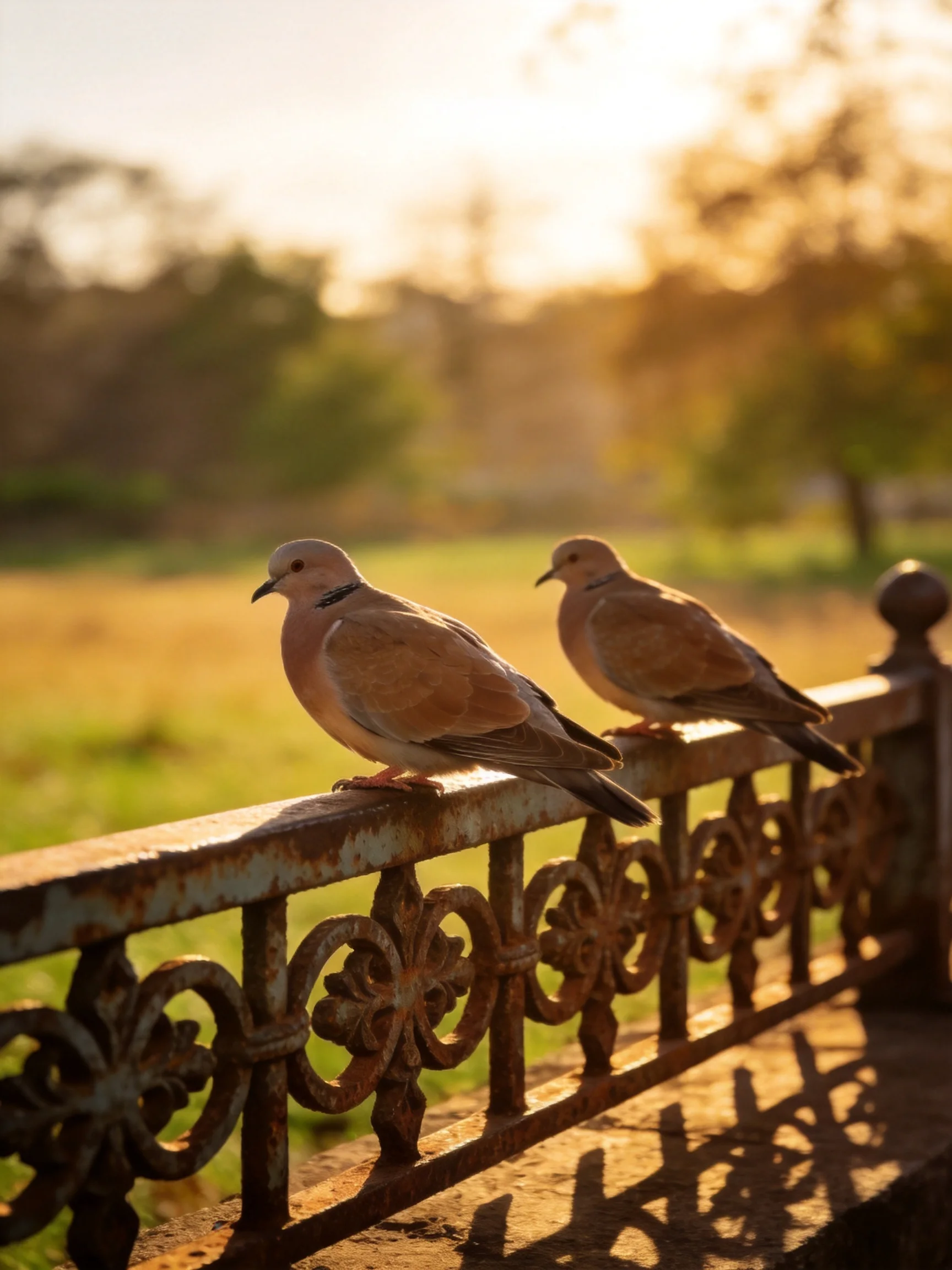 Two brown doves perch on an ornate rusted fence during golden hour