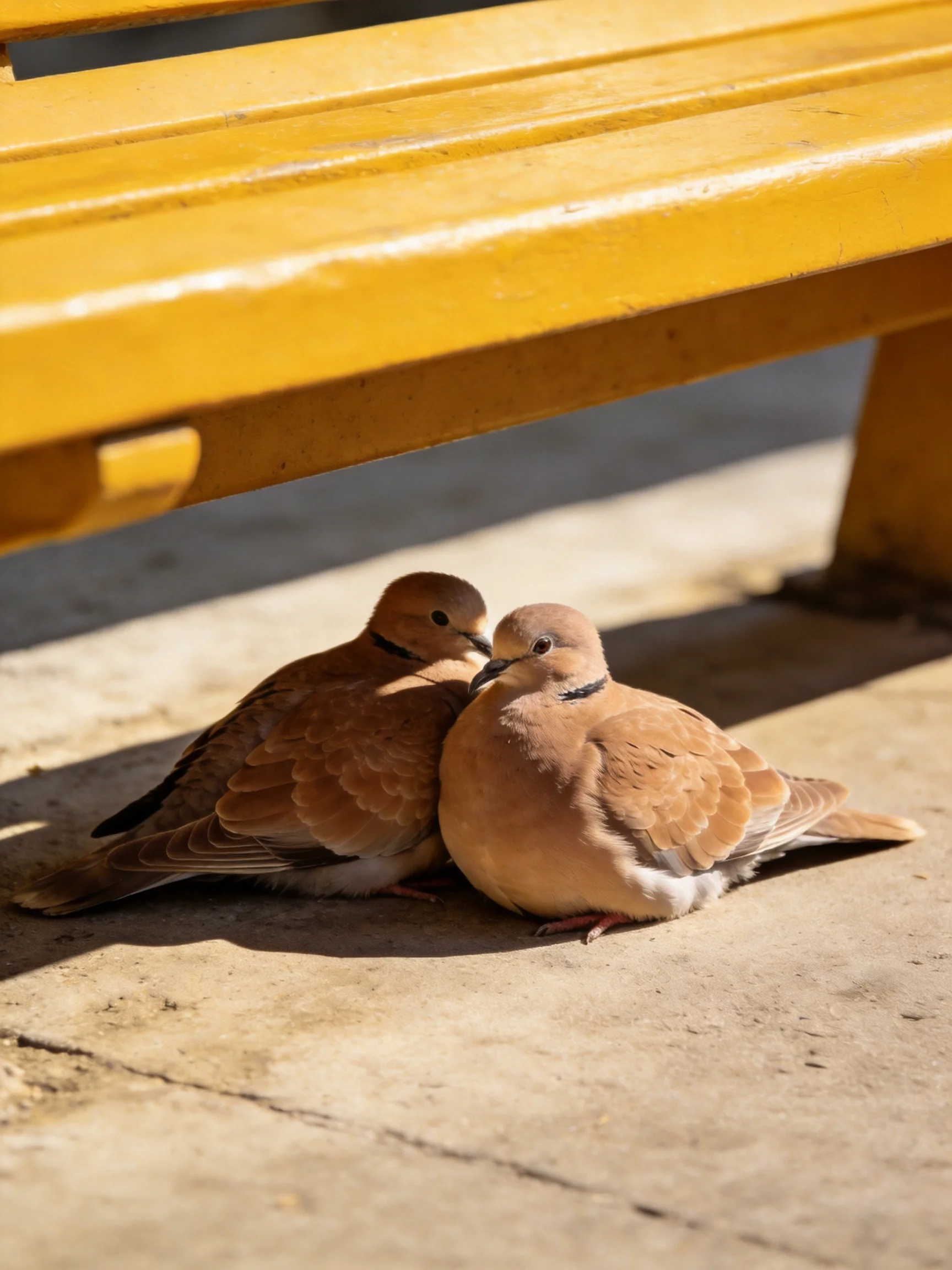 Two brown doves rest near a bright yellow bench on a concrete surface