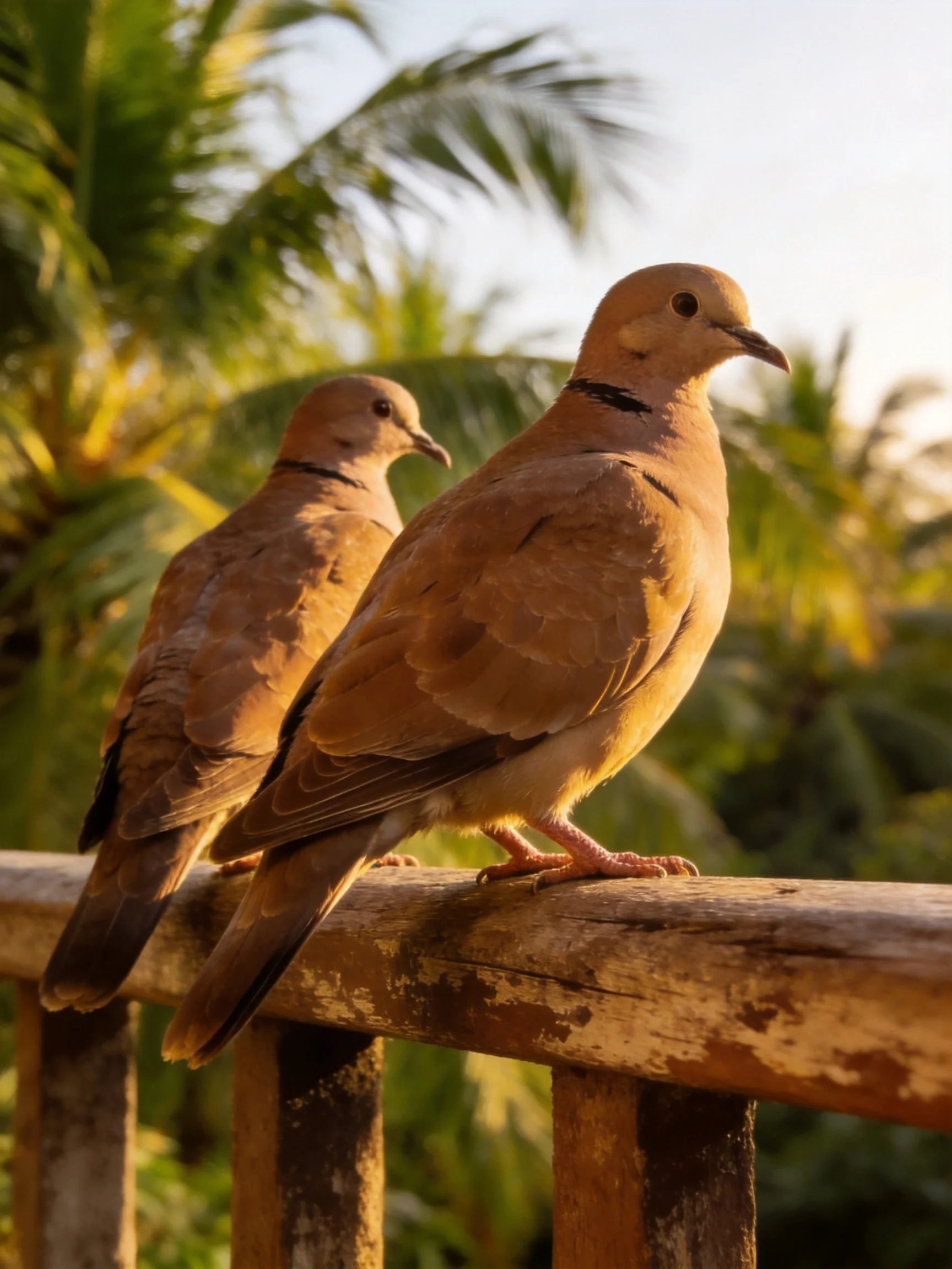 Two brown doves rest on a weathered wooden railing amid lush greenery