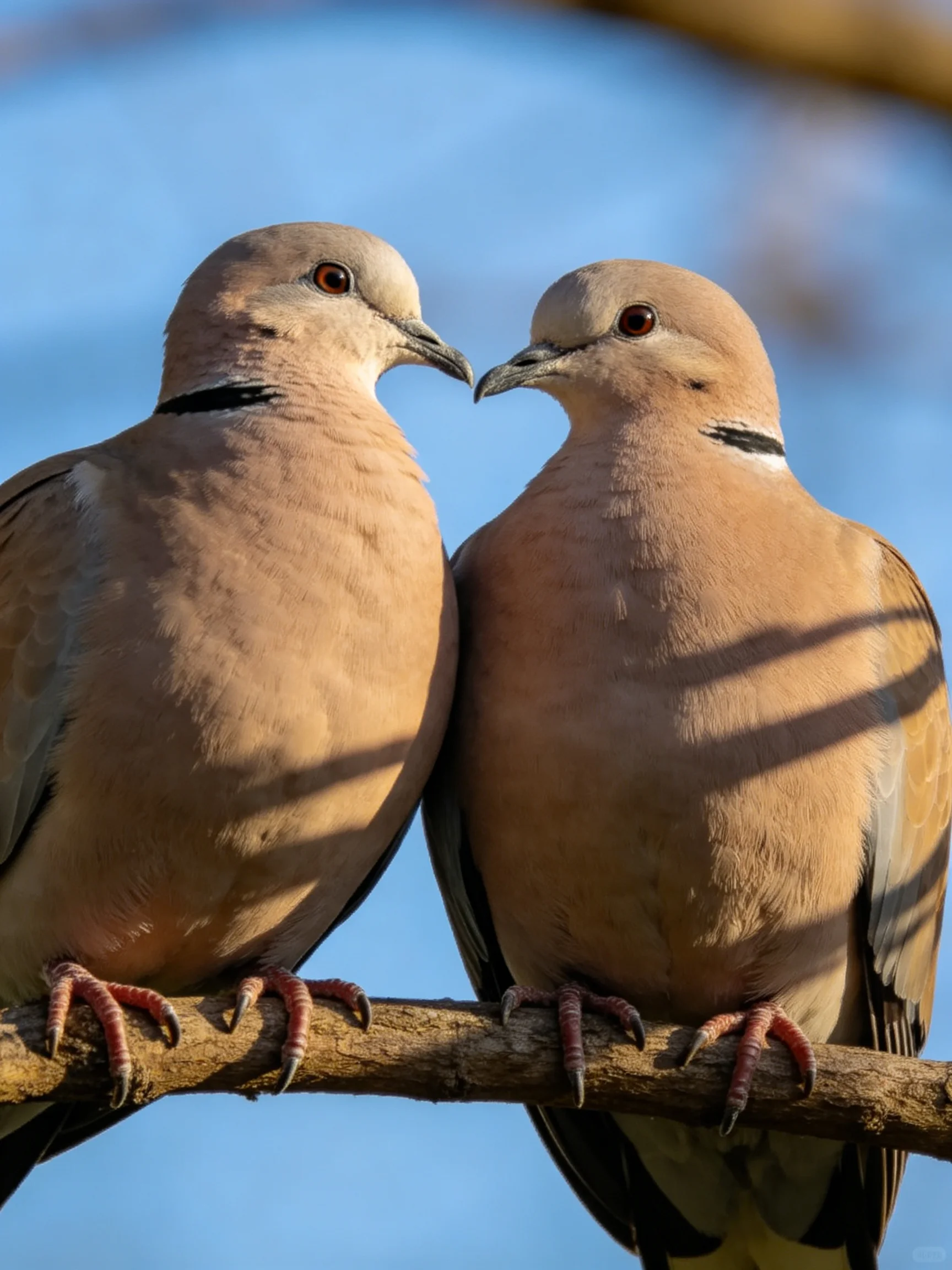 Two brown doves with black neck markings perch closely together