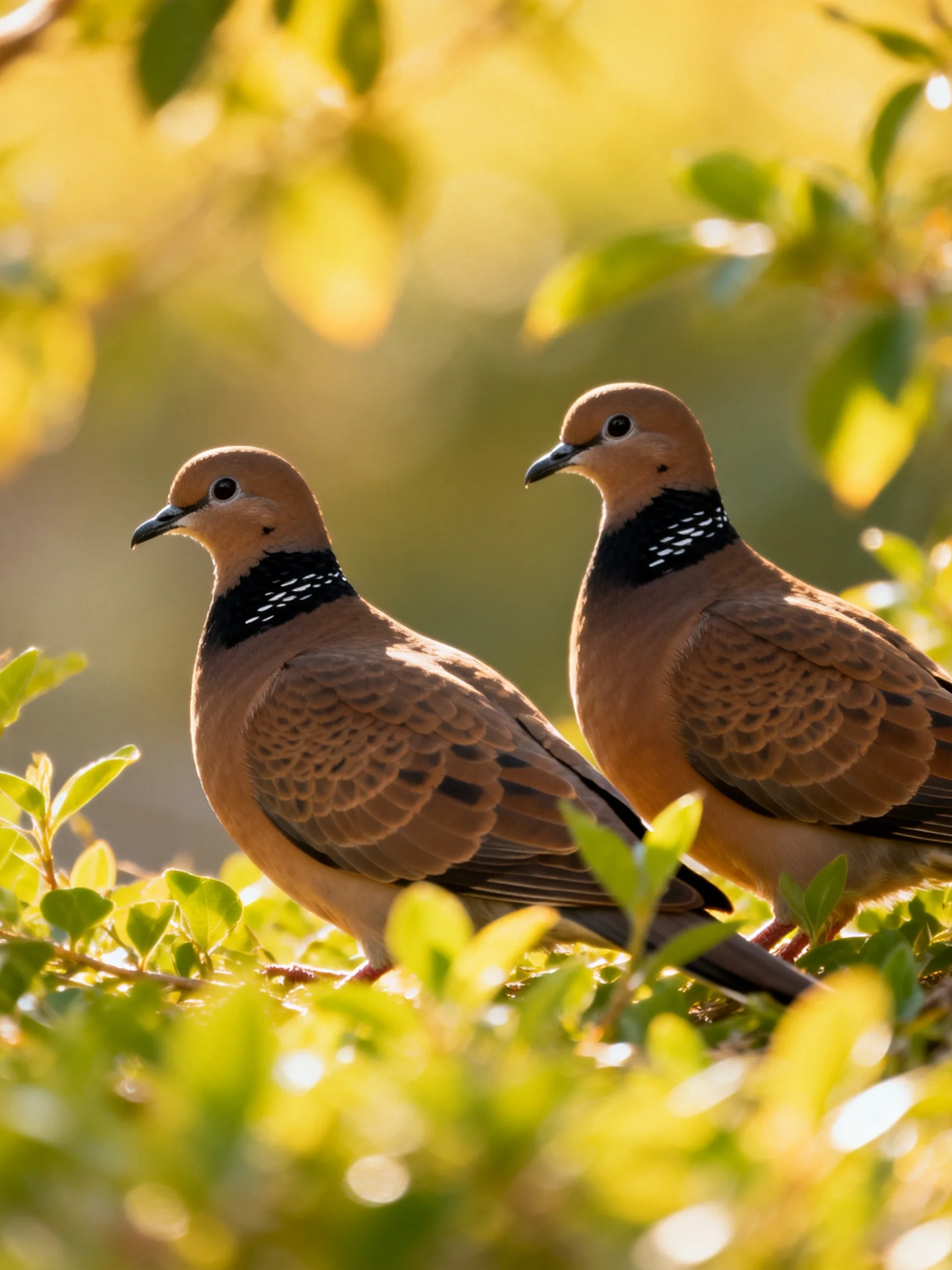 Two brown doves with black neck patches among green foliage