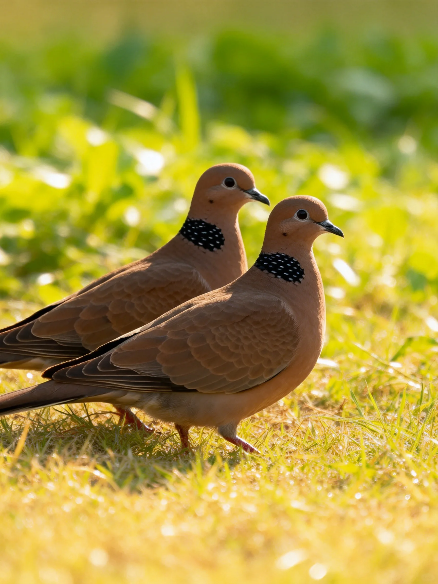 Two brown doves with spotted necks on sunlit grass