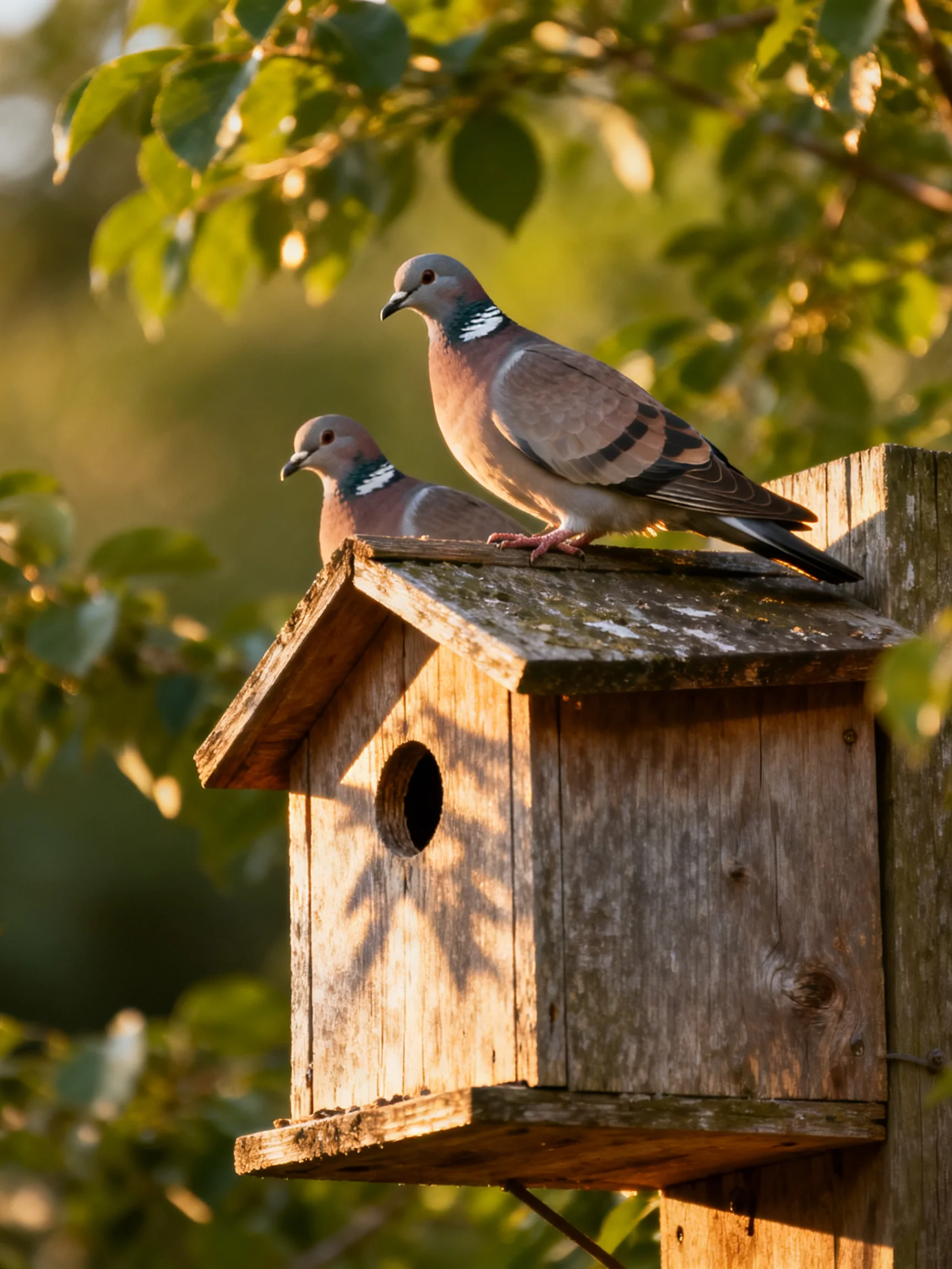 Two brown pigeons perch atop an aged wooden birdhouse amid green foliage