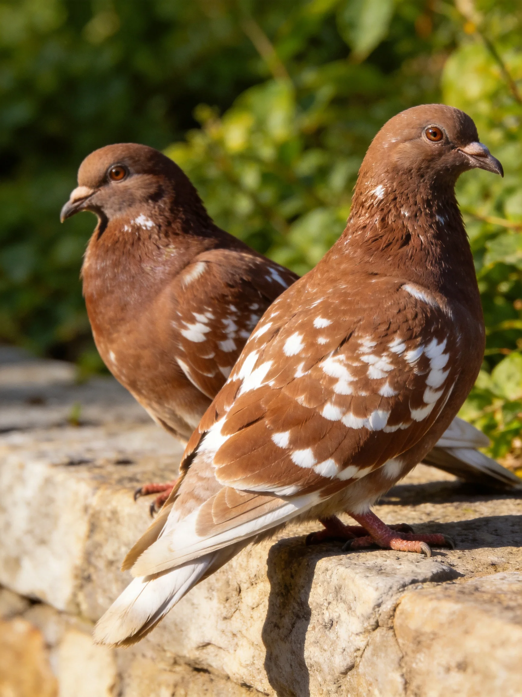 Two brown-spotted pigeons sit on a stone ledge surrounded by greenery.