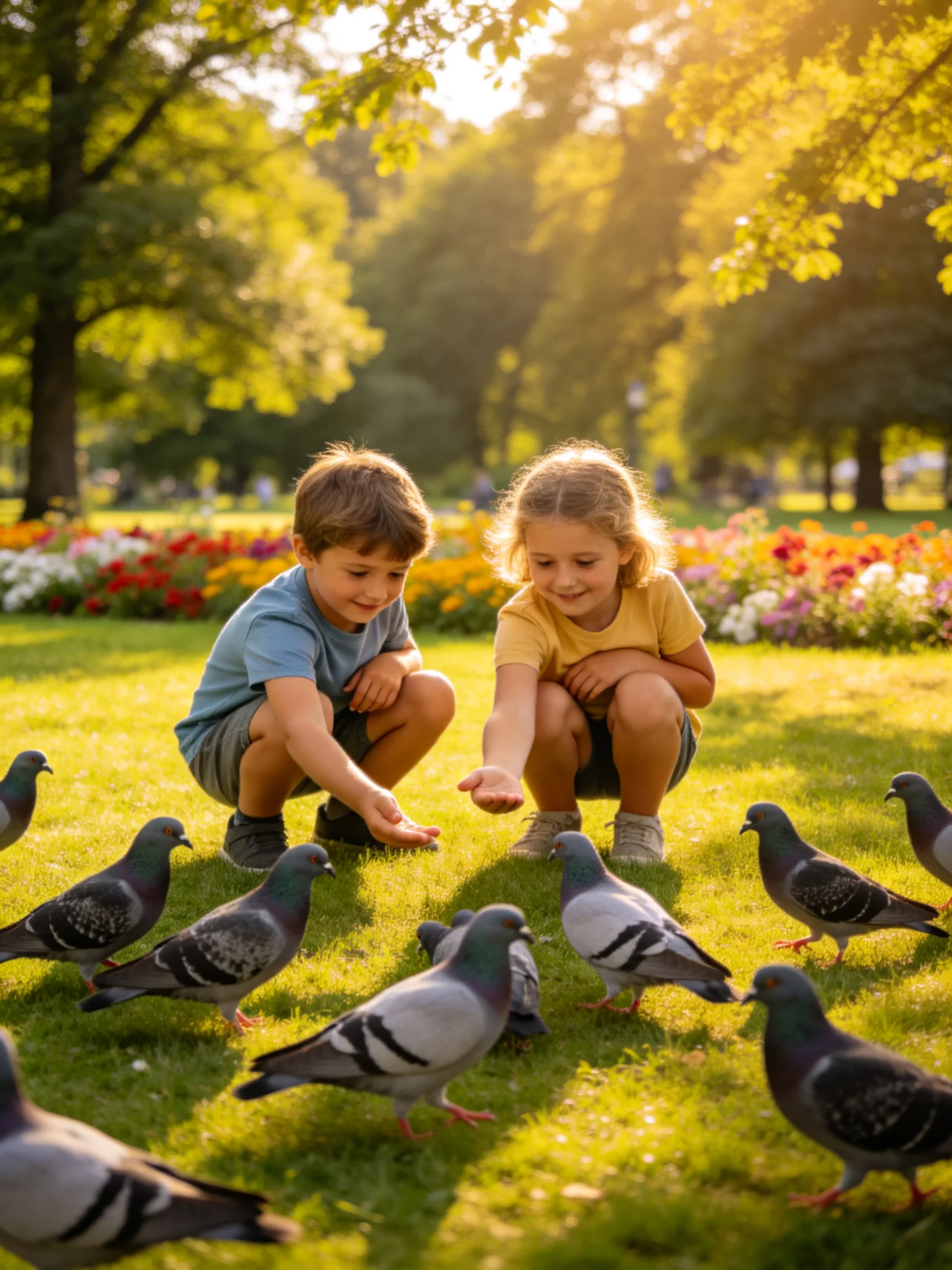 Two children feeding pigeons in a sunlit park with colorful flower beds