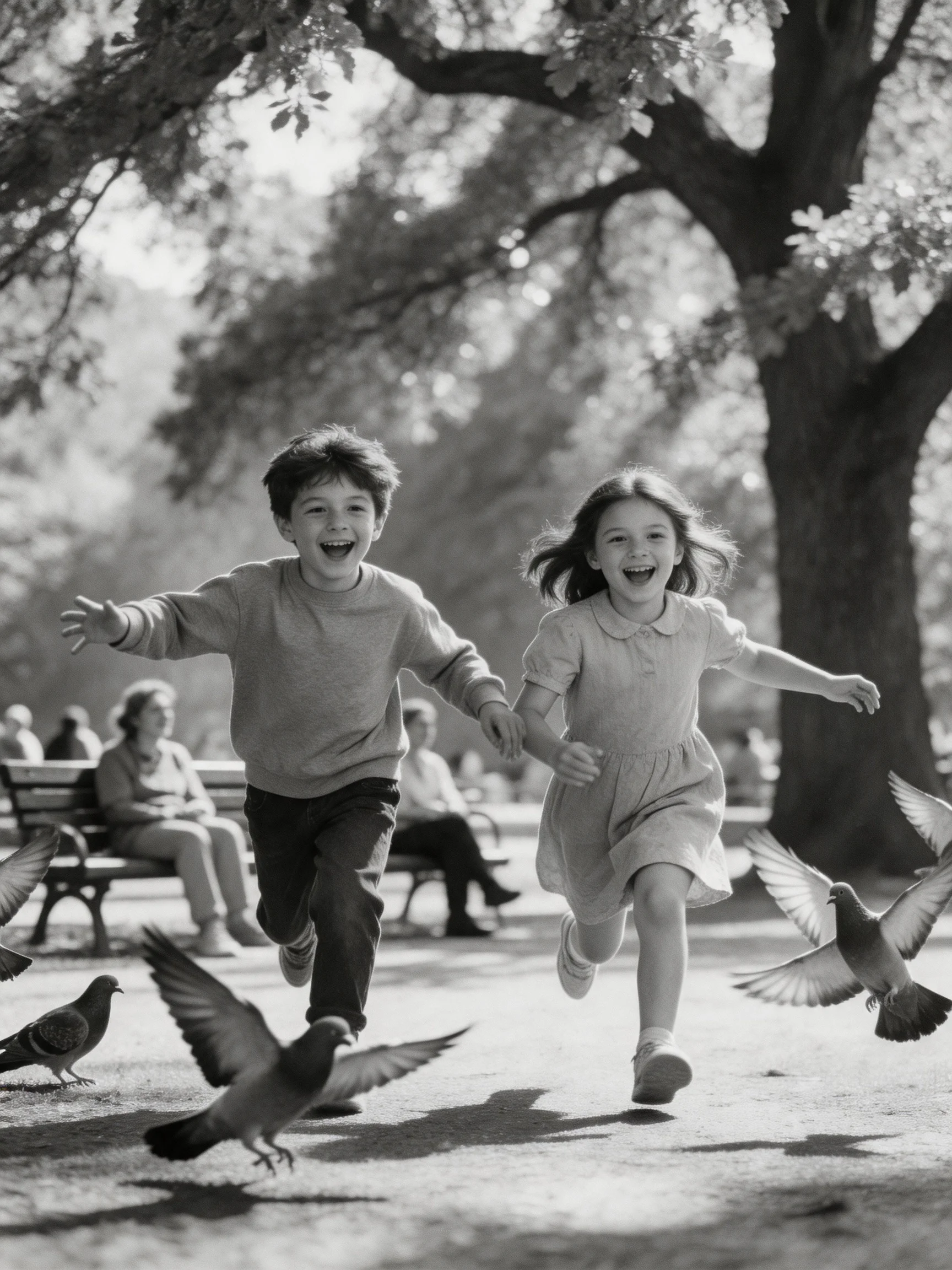Two children running near pigeons in a shaded park