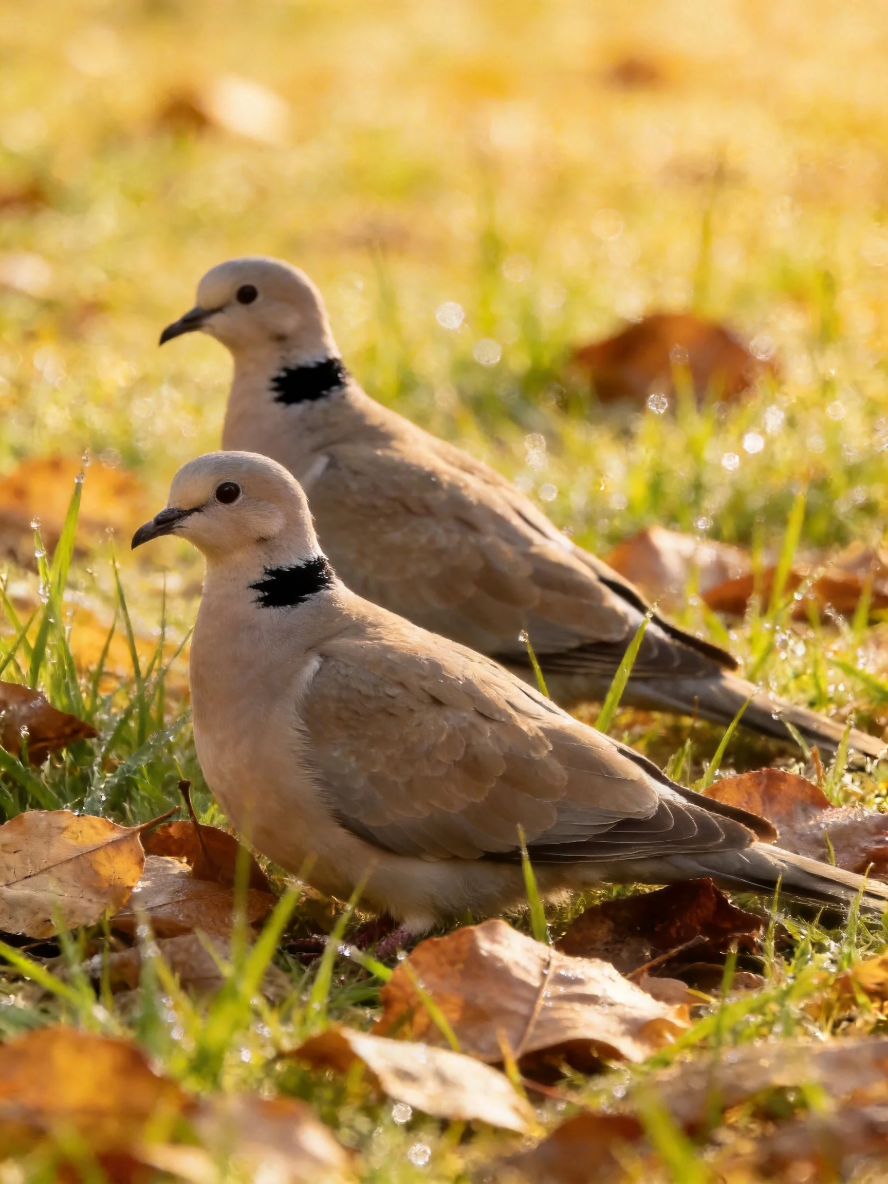 Two collared doves amidst golden grass and autumn leaves