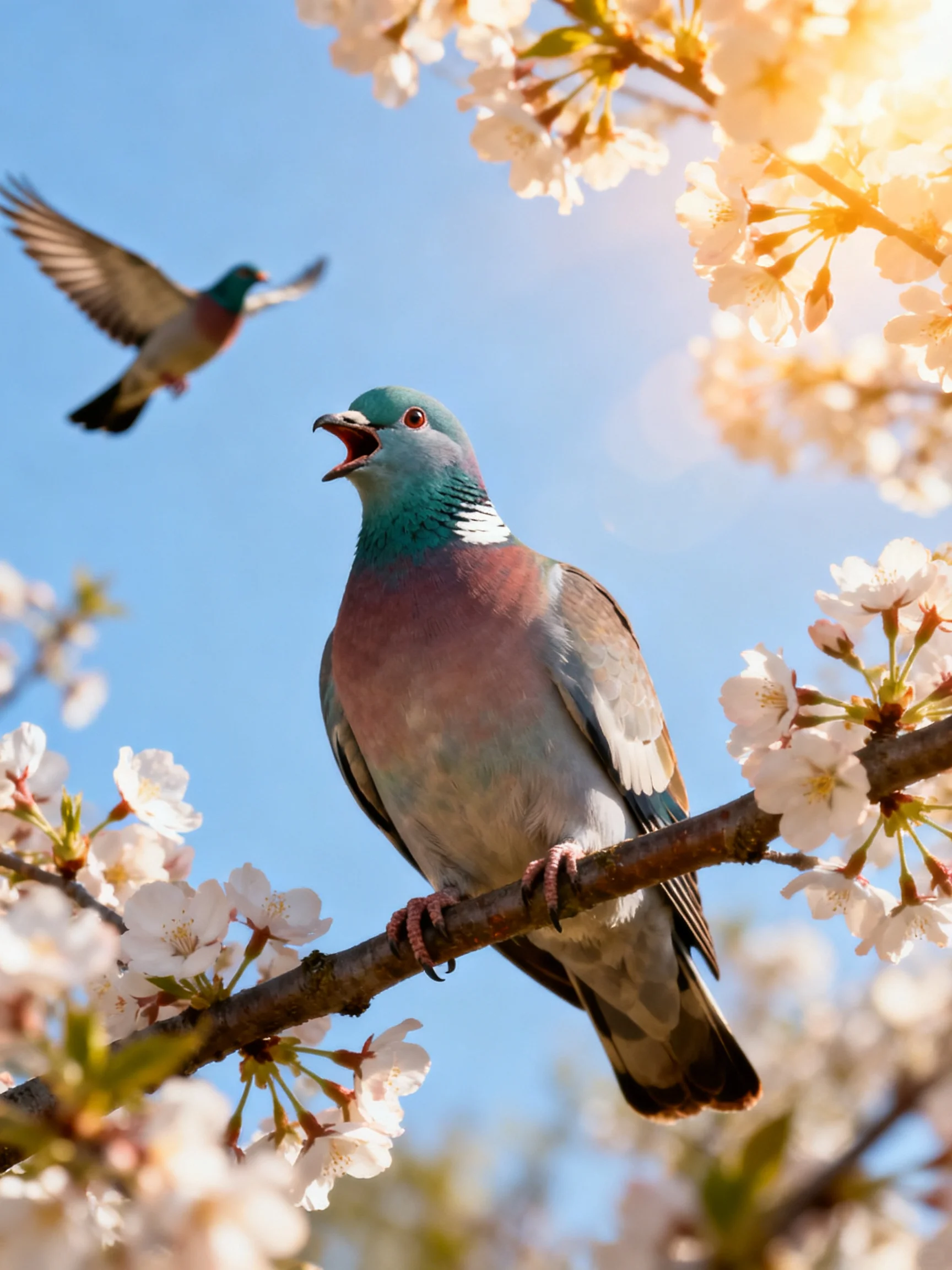 Two colorful pigeons amid cherry blossom branches under bright blue sky