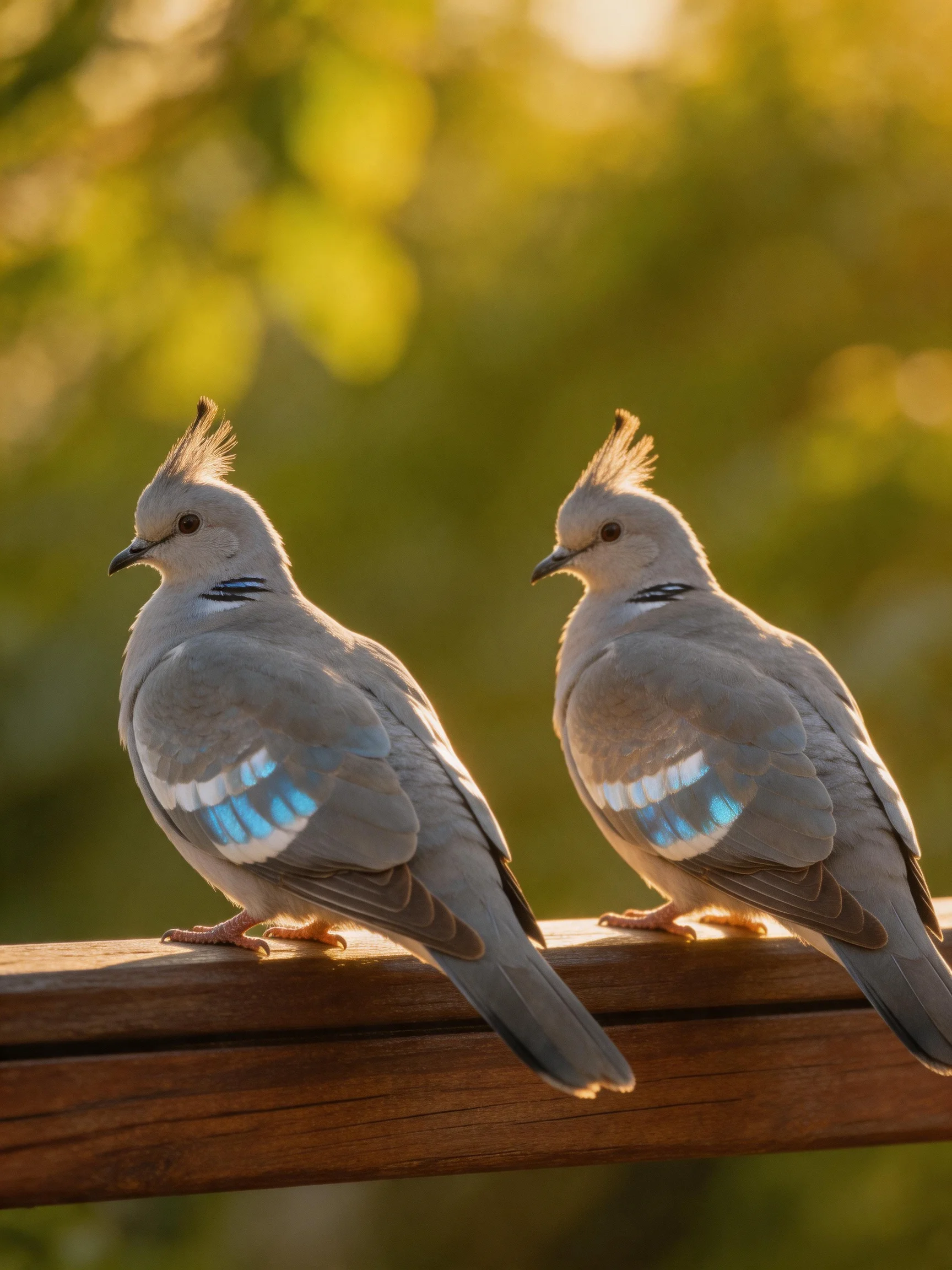 Two crested pigeons with blue wing patches perch on a wooden rail