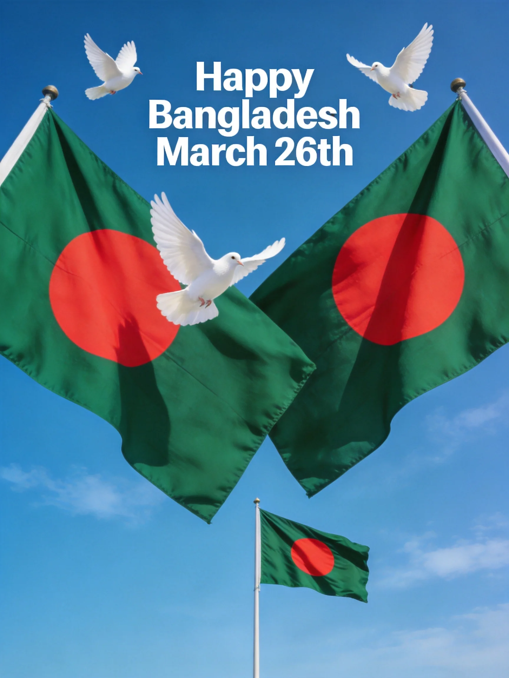Crossed Bangladeshi flags and white doves commemorate Bangladesh Day.