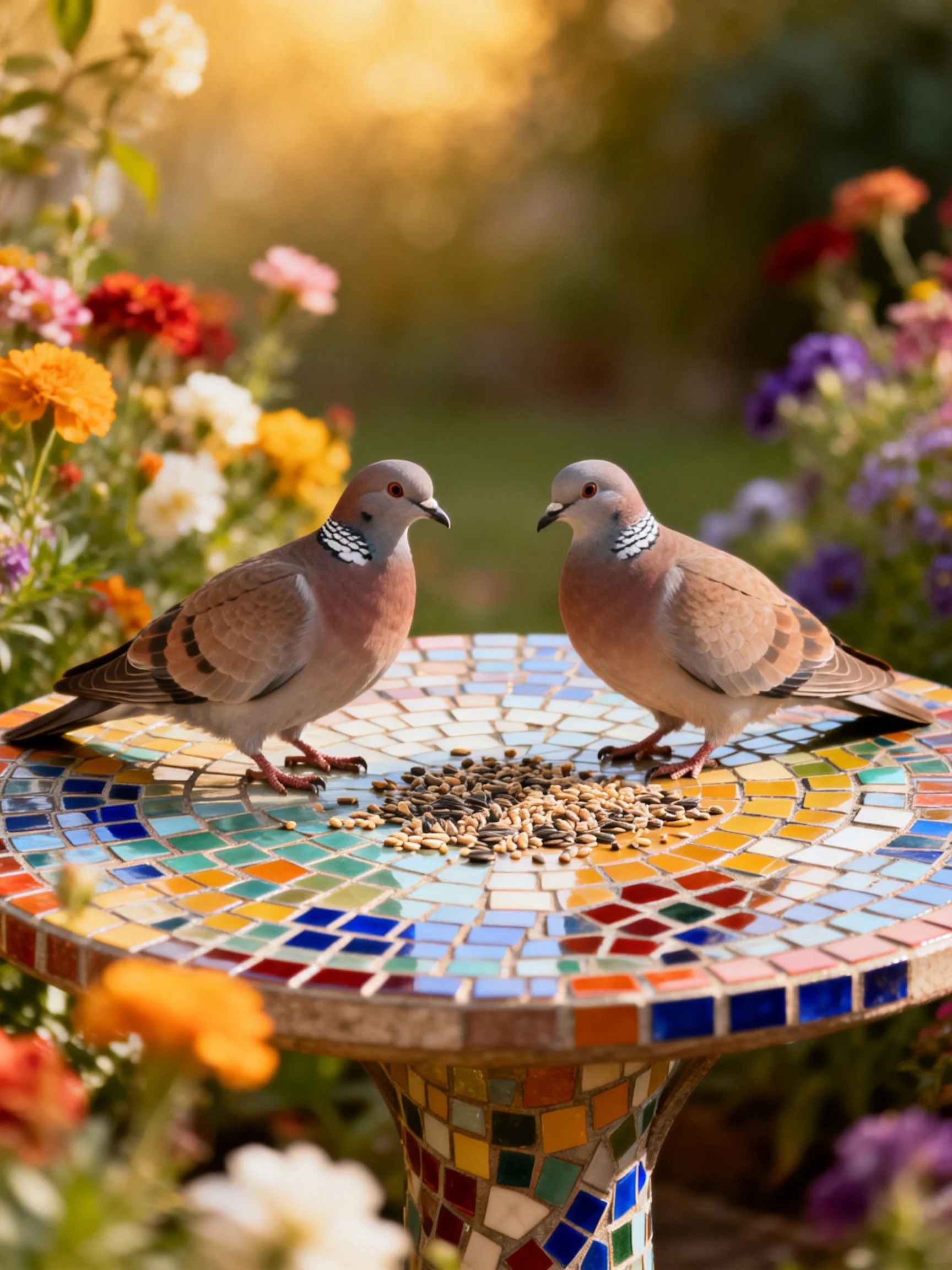 Two doves gather seeds on a multicolored mosaic bird table surrounded by blooms.