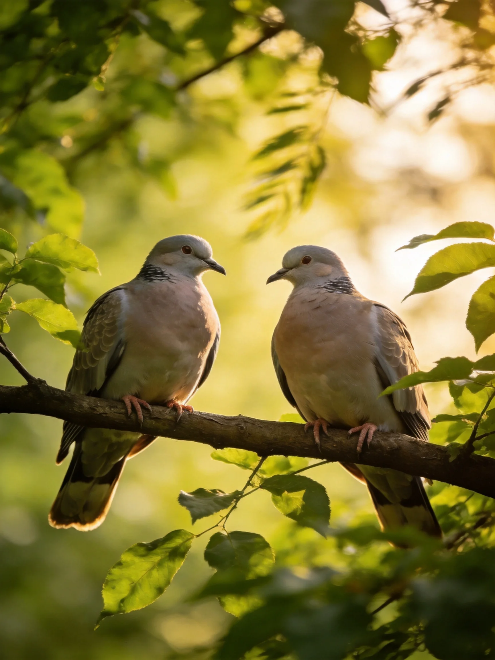 Two doves perch on a branch amidst lush green foliage