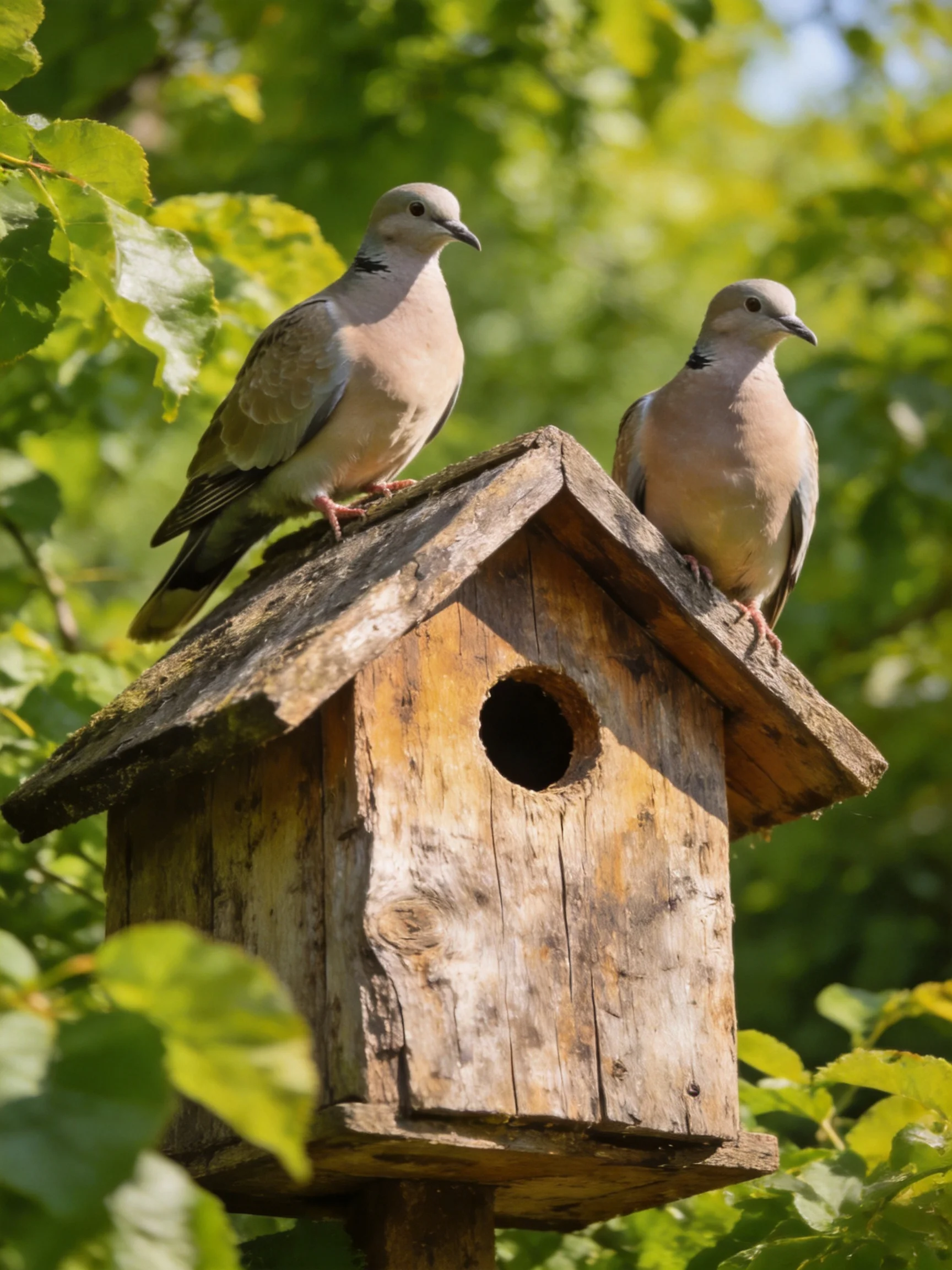 Two doves perch on a weathered wooden birdhouse amid lush green foliage