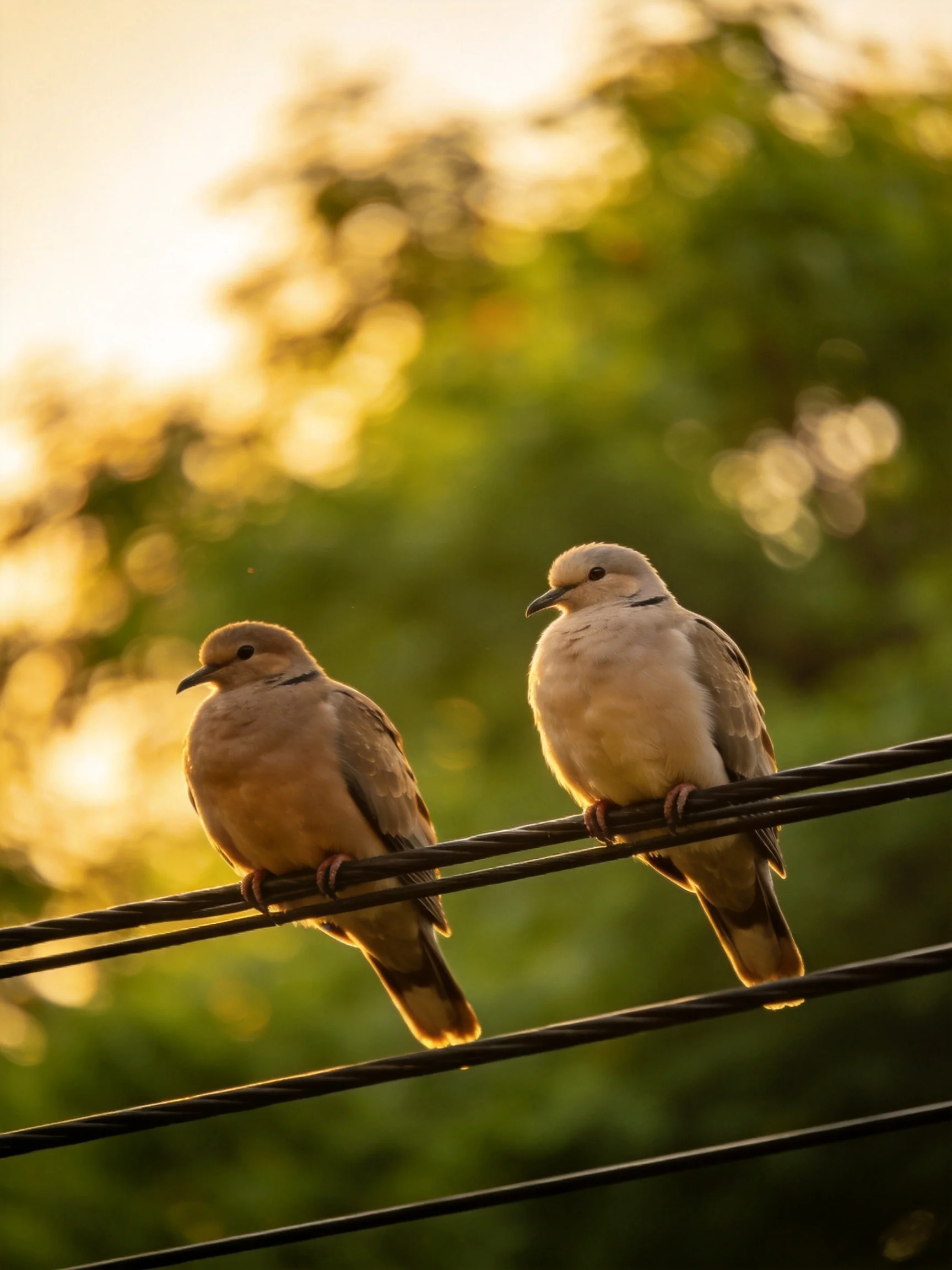 Two doves perch on electrical wires under a golden sunset with green foliage