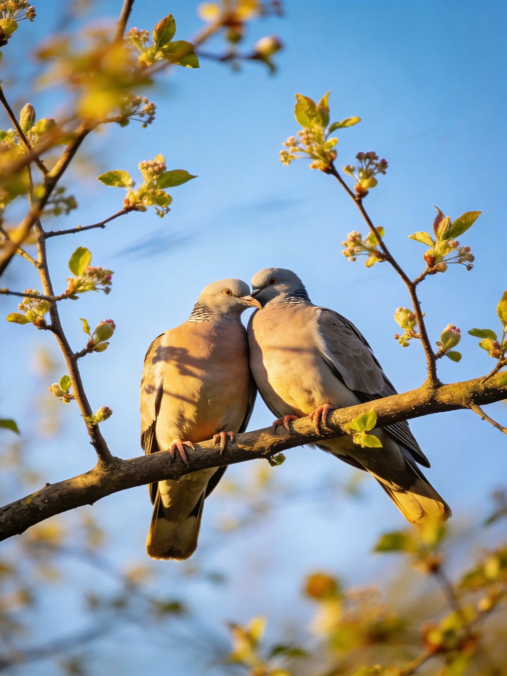Two doves rest closely on a blooming tree branch beneath a clear blue sky