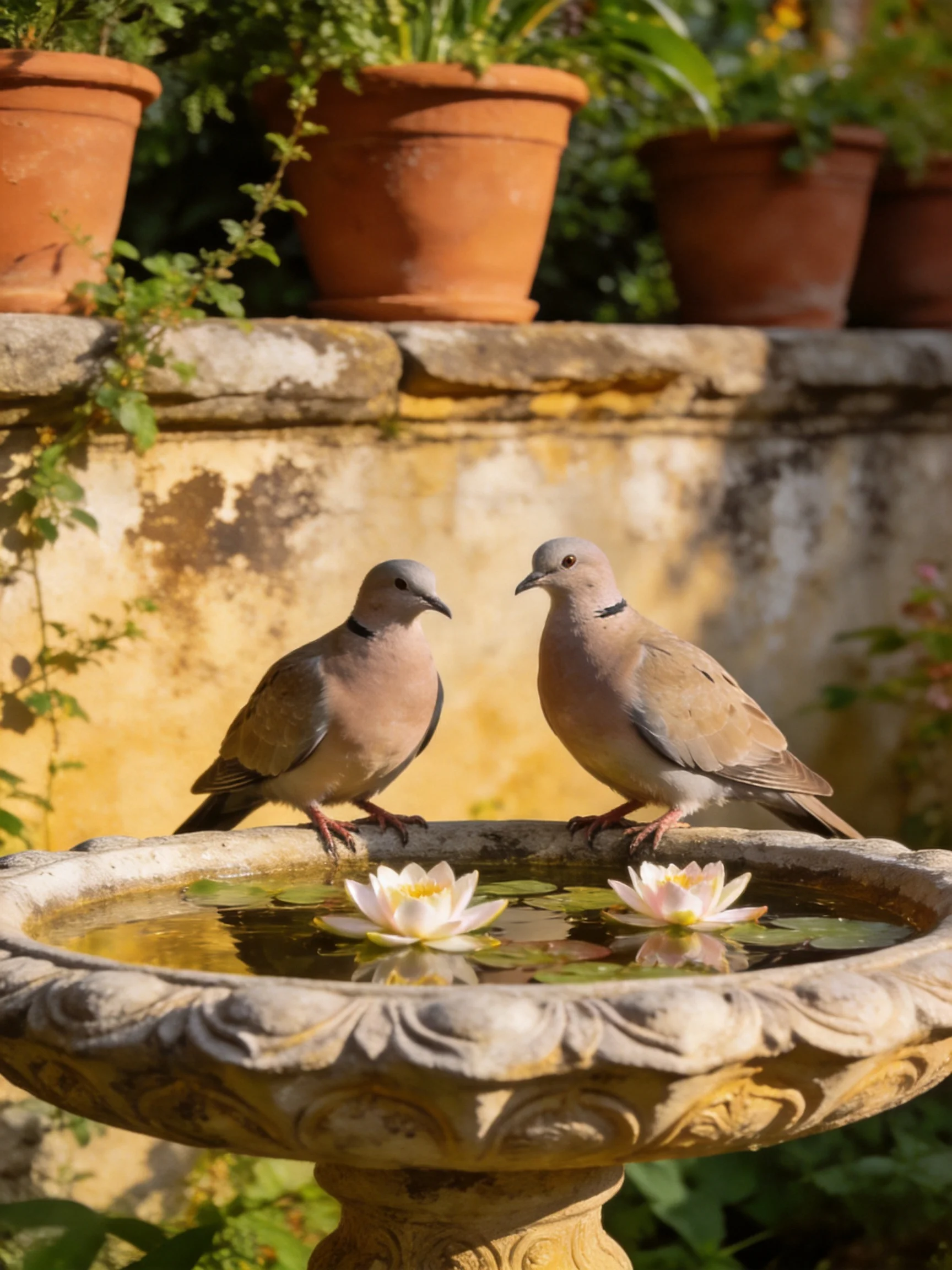 Two doves sit on an ornate stone birdbath with water lilies
