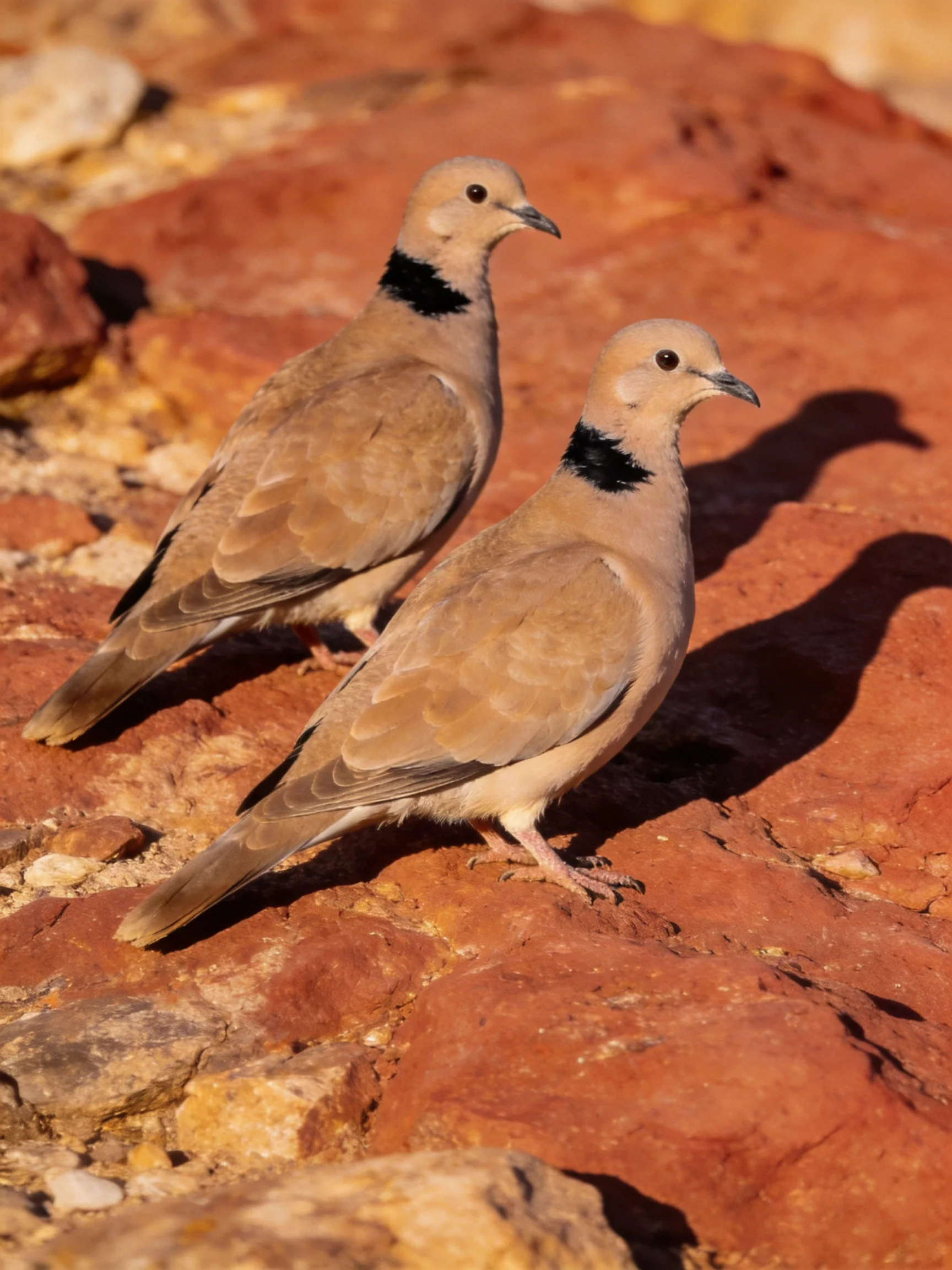 Two doves with black neck patches stand on reddish rocky ground