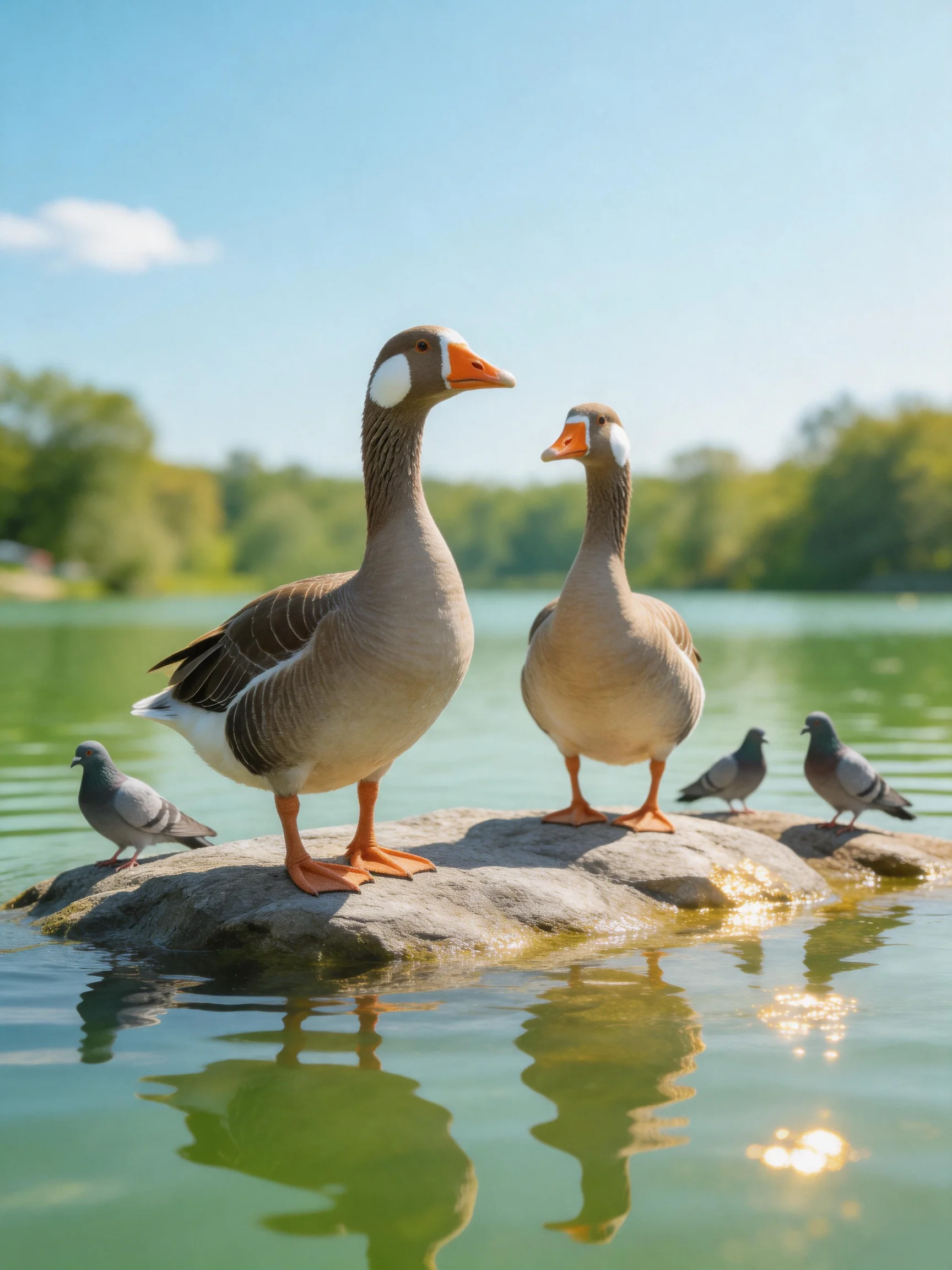 Two geese and three pigeons on a rocky outcrop by calm water