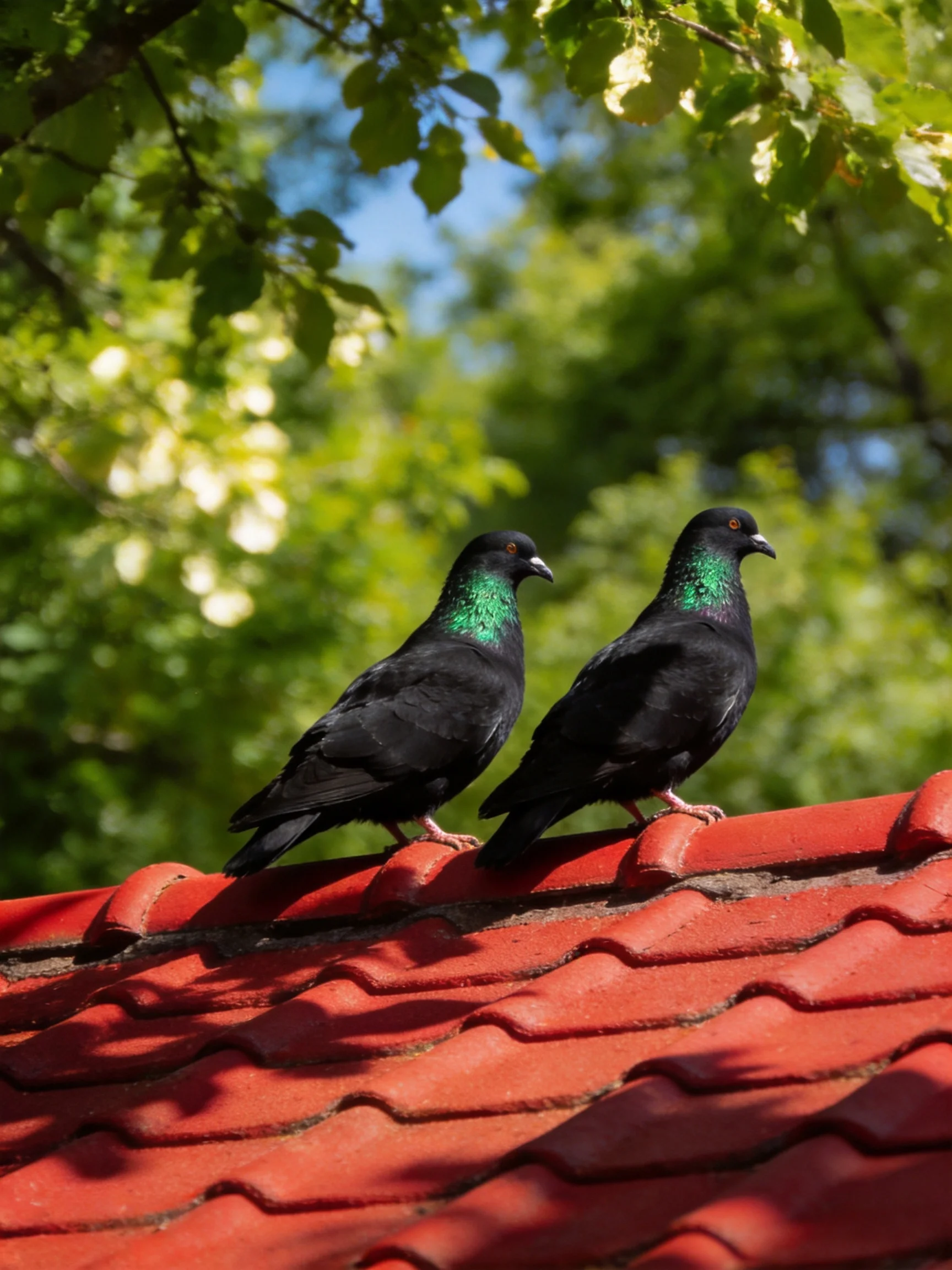 Two glossy black pigeons with green necks perch on a red tiled roof