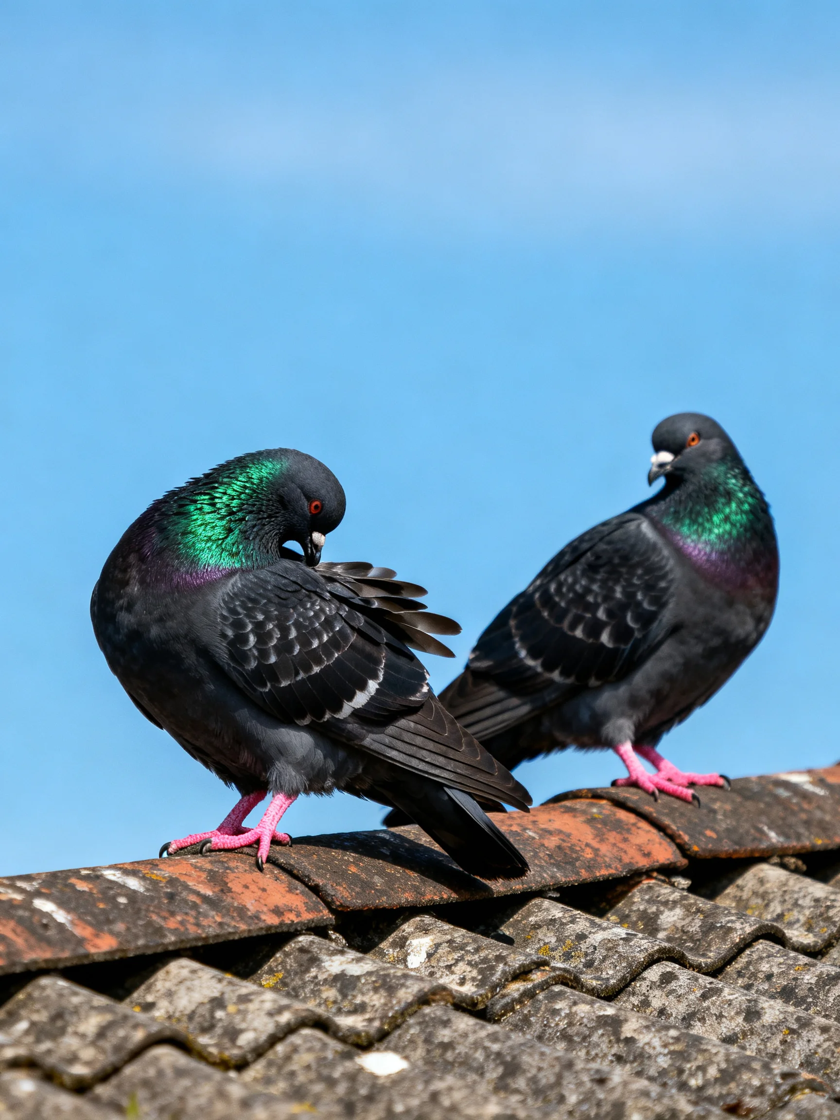 Two glossy black pigeons with green necks perch on an aged rooftop