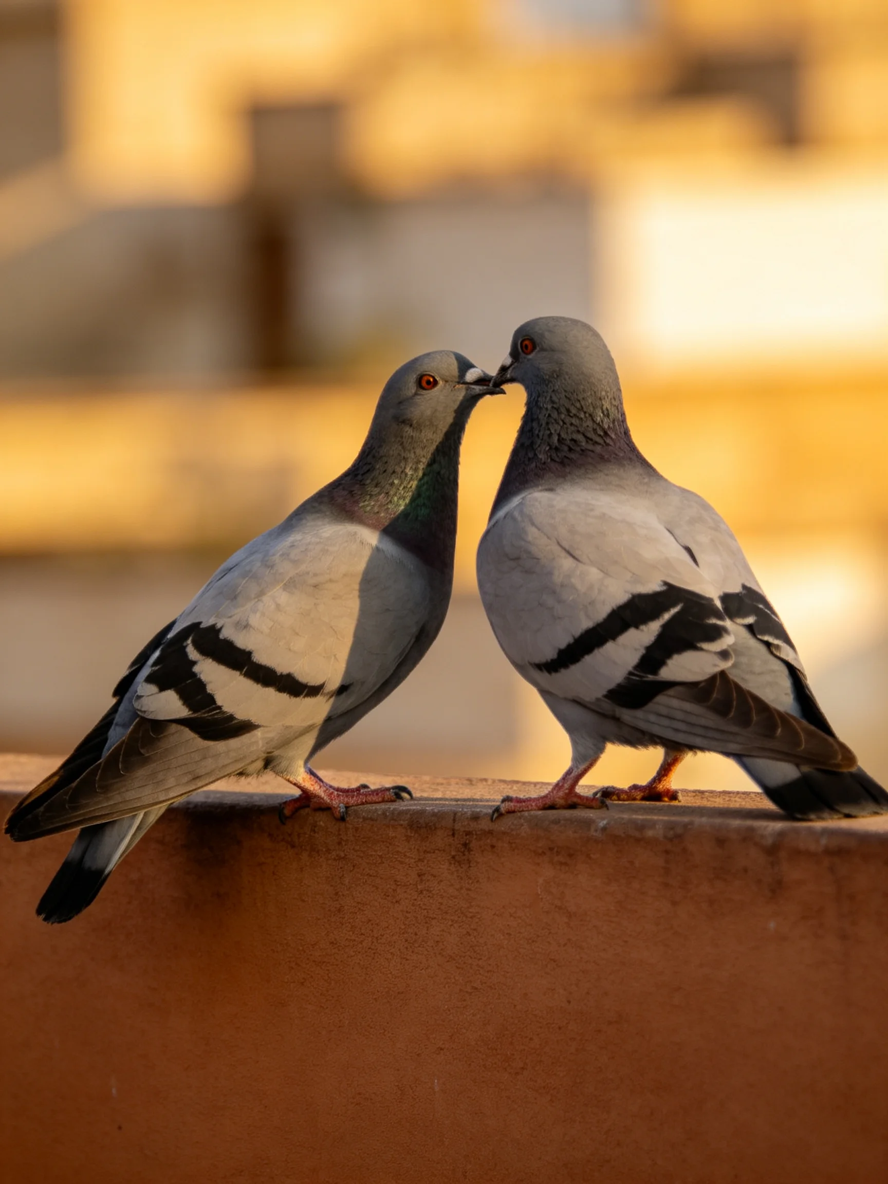 Two gray and black pigeons nuzzling on a terracotta ledge
