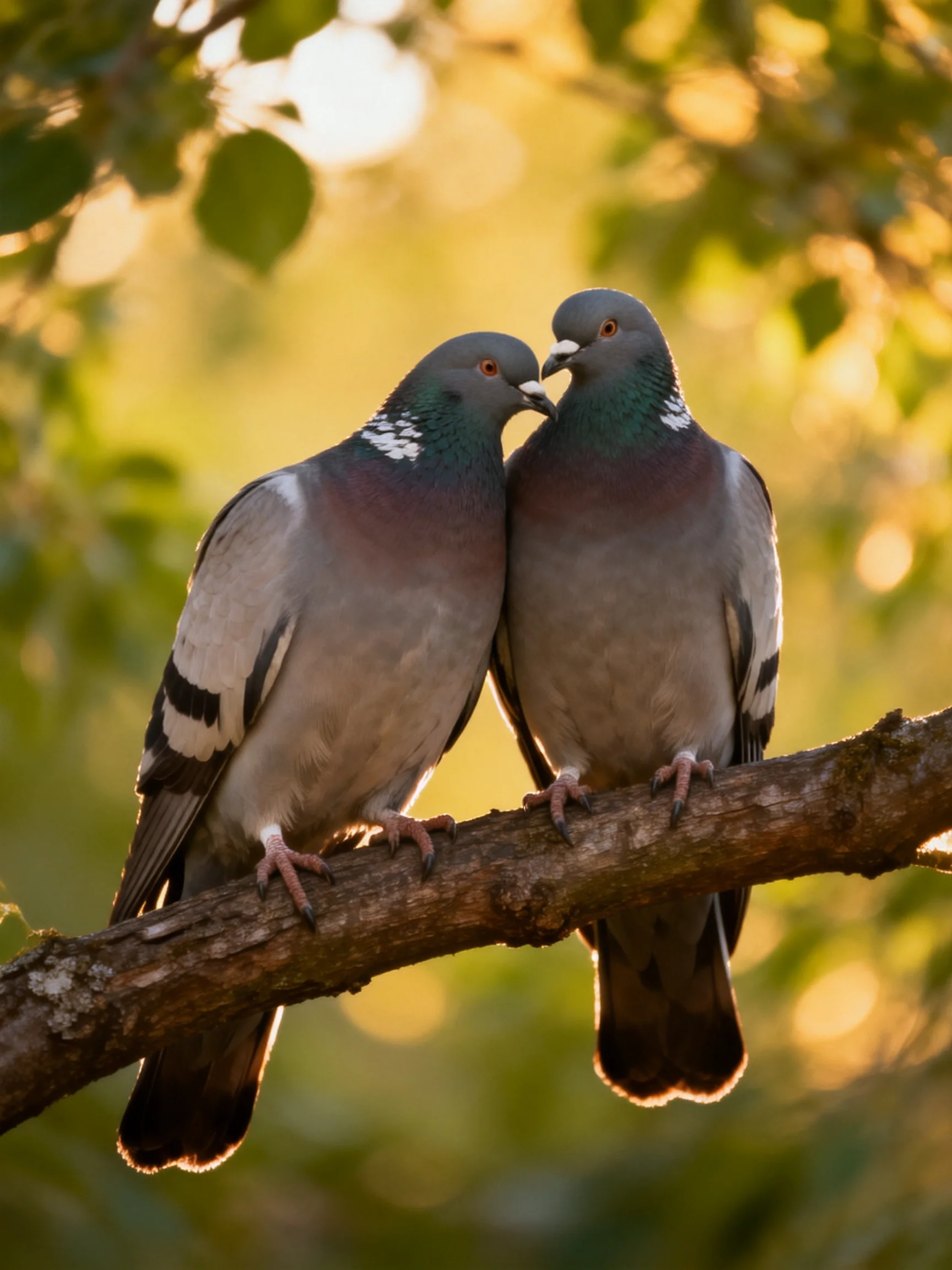 Two gray and purple pigeons nuzzle on a brown tree branch amid golden foliage