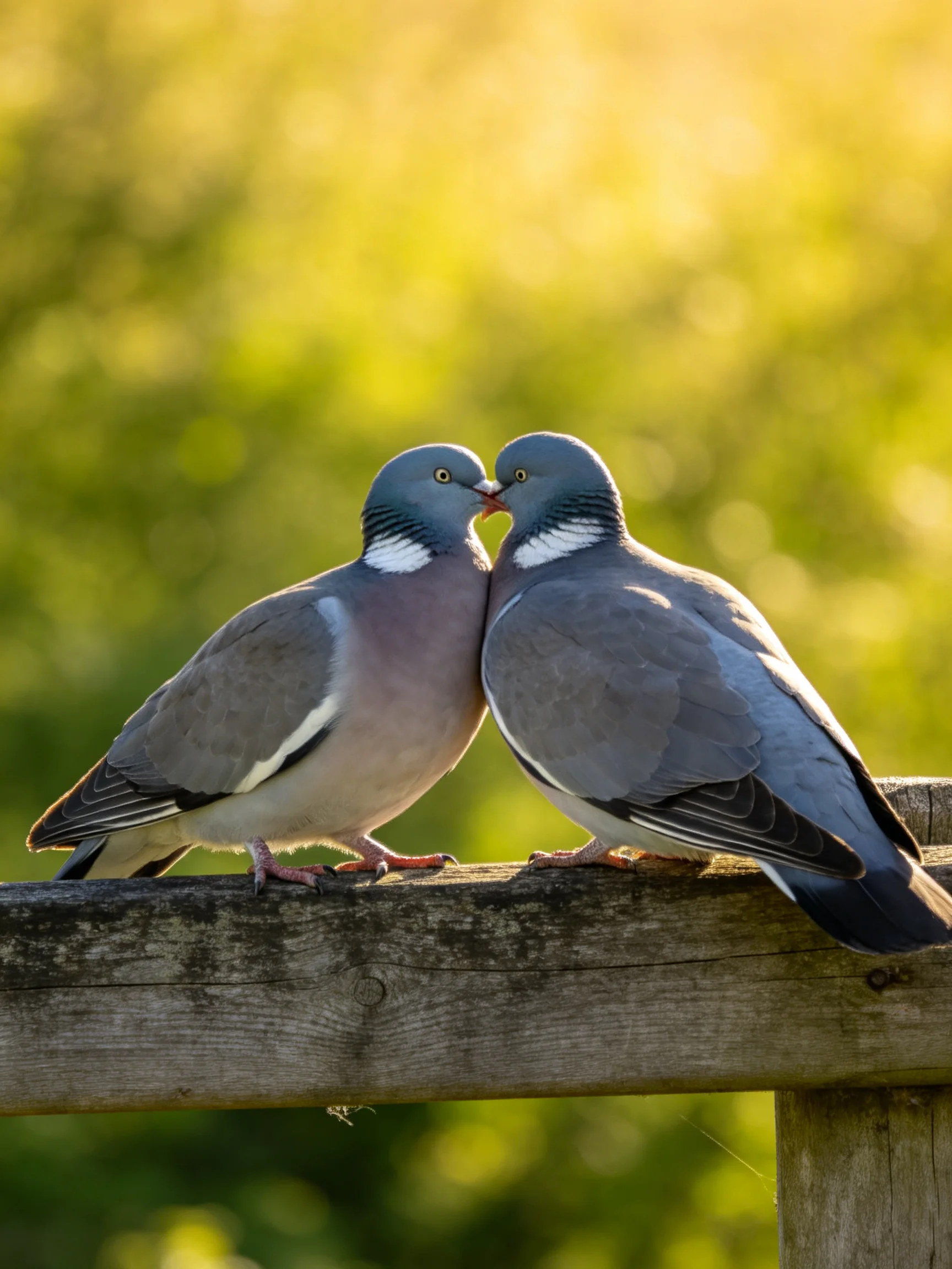 Two gray and purple pigeons nuzzling on a weathered wooden fence