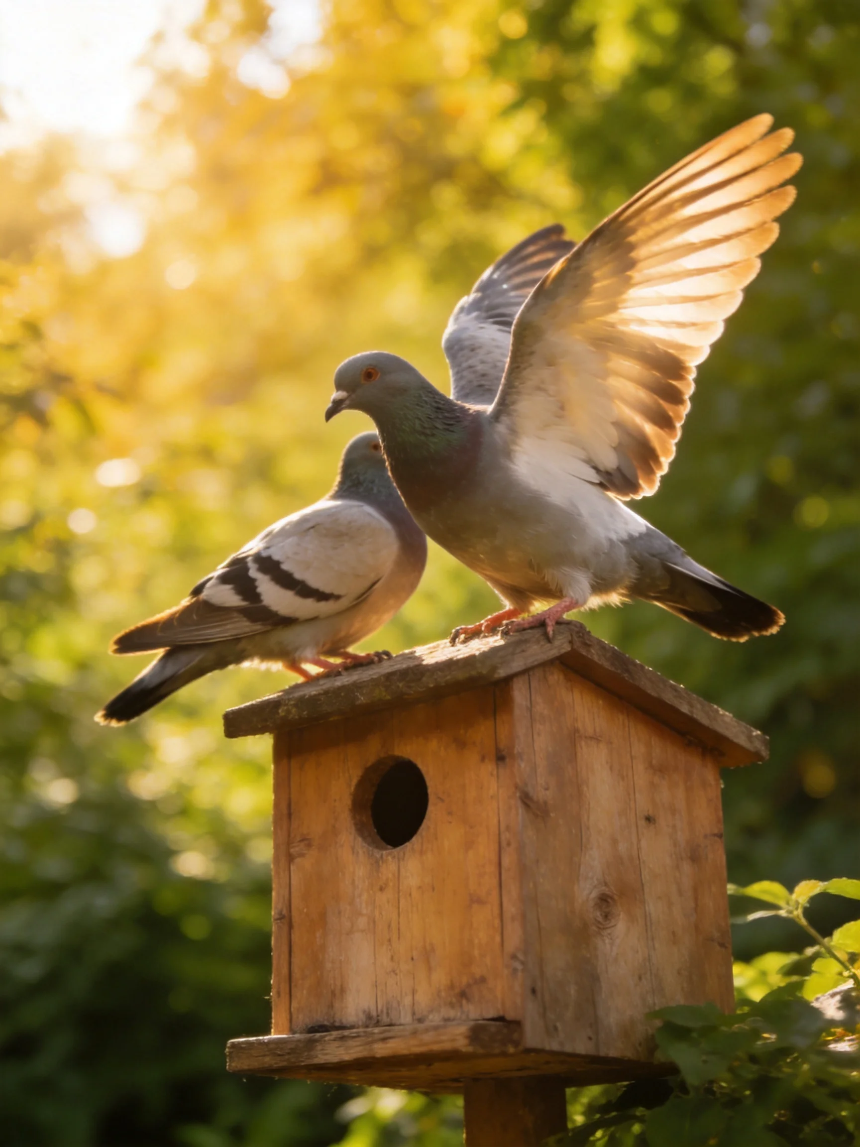 Two gray and white pigeons interact atop a weathered wooden birdhouse amid lush green foliage