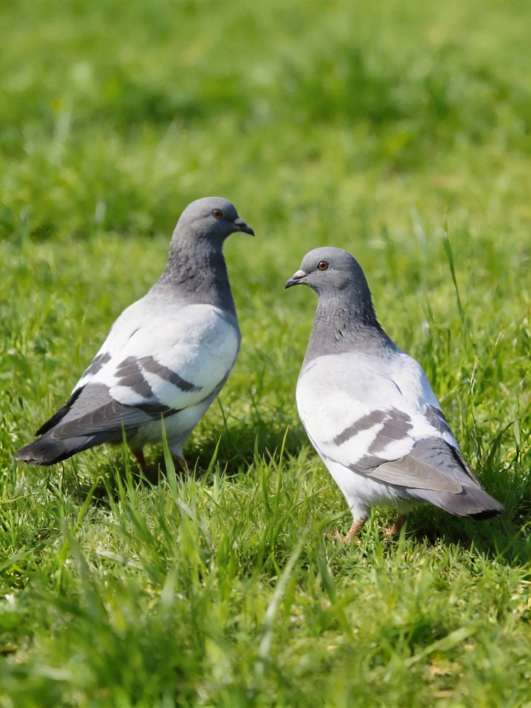 Two gray and white pigeons on lush green grass